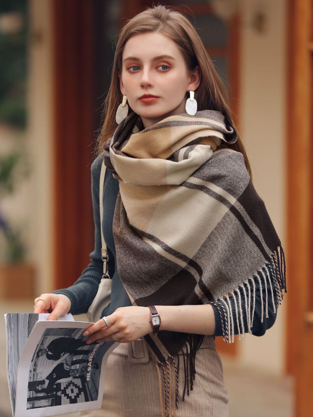 Alexvyan Women Brown Checked Woolen Soft Winter Mufflers Myntra sale