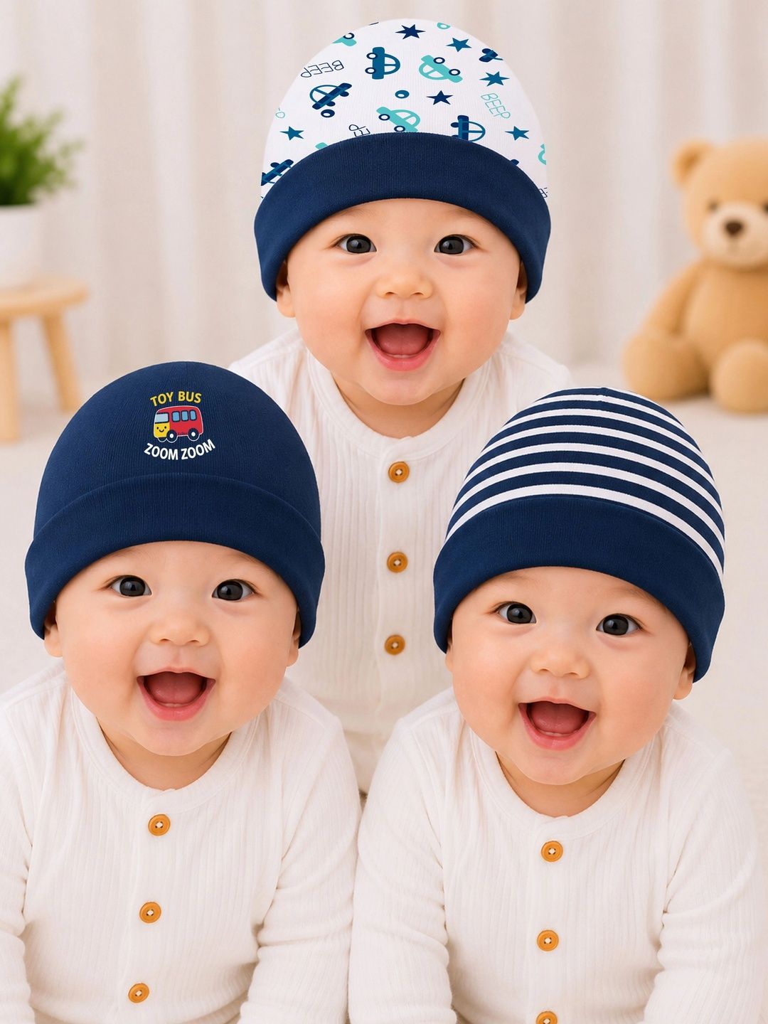 KidBee Unisex Kids Pack Of 3 Cotton Printed Beanie Myntra sale