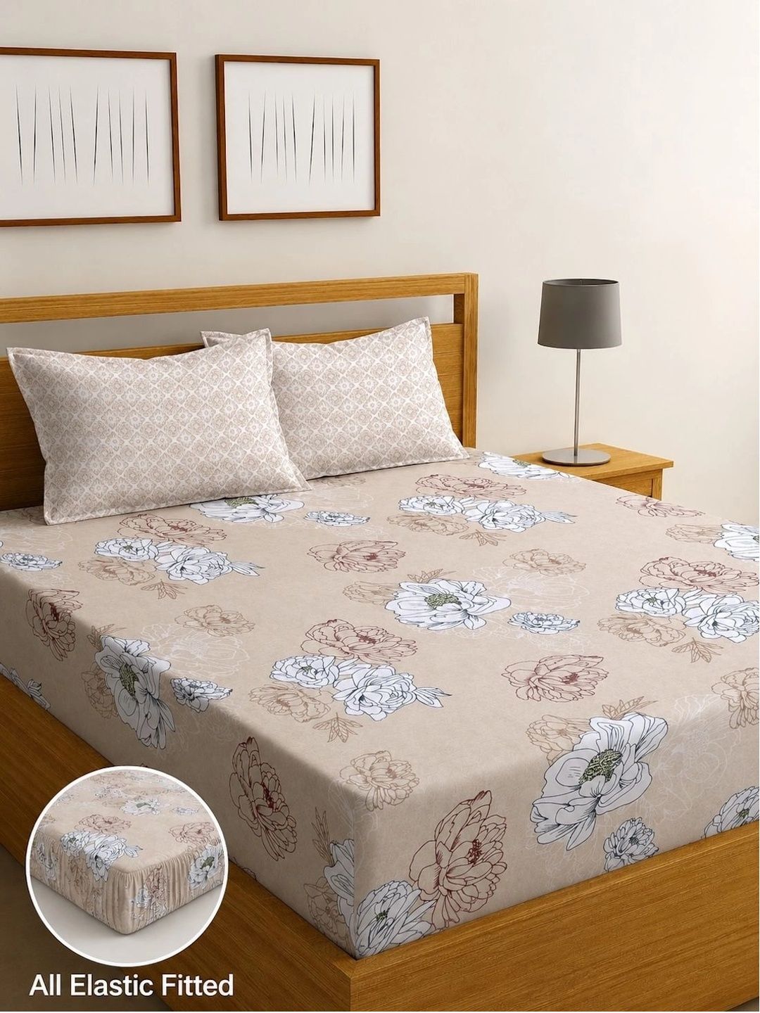 IWS Beige Floral 180 TC Double Bedsheet with 2 Pillow Covers Myntra sale