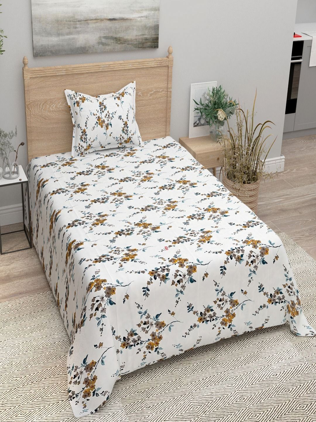 Aura White Floral Pure Cotton 144 TC Single Bedsheet with a Pillow Cover-89 x 59 inches Myntra sale