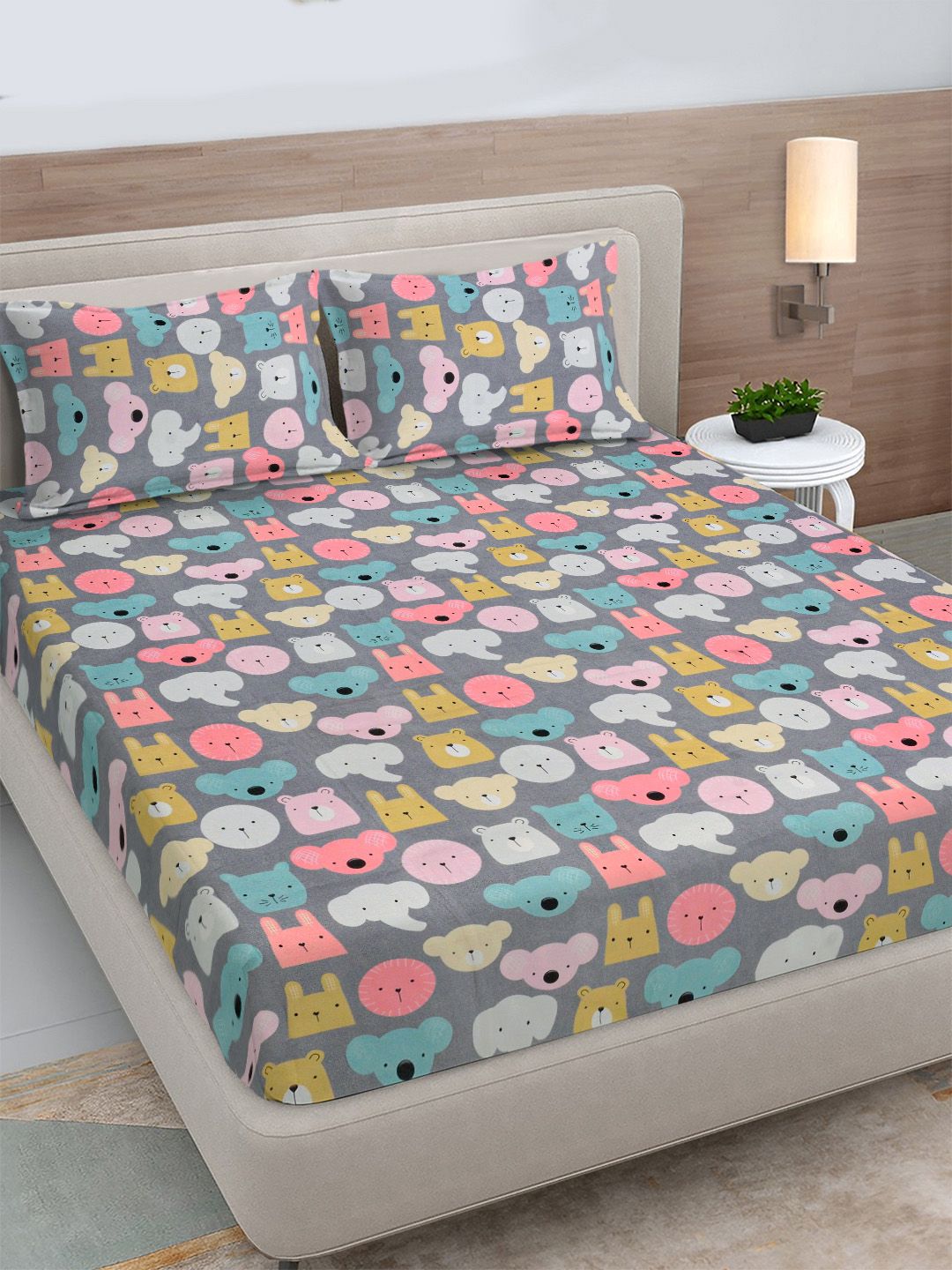 FABINALIV Blue Cartoon Print Polycotton 300 TC King Fine Bedsheet with 2 Pillow Covers Myntra sale