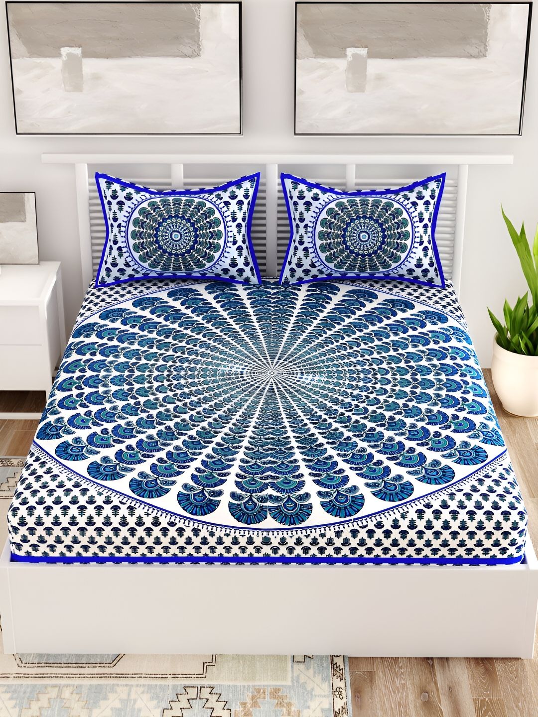 Aura Jaipuri Traditional Blue Ethnic Motifs Pure Cotton 120 TC Queen Bedsheet with 2 Pillow Myntra sale