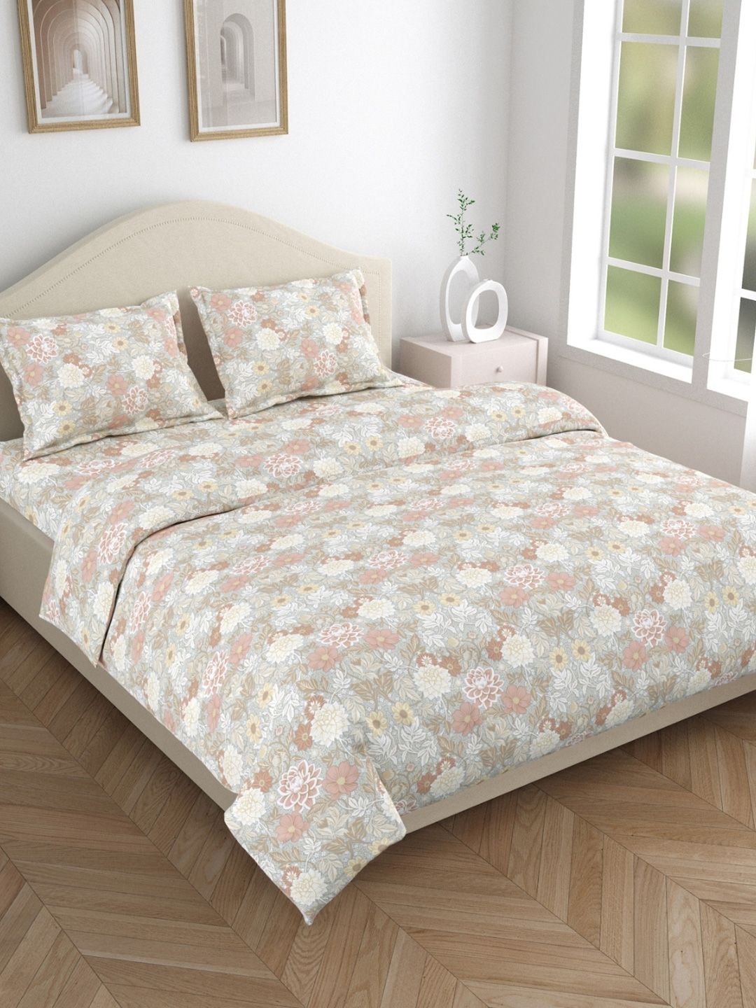 haus & kinder White & Pink Floral 144 TC Cotton Queen Bedsheet Set 2.29 m x 2.55 m Myntra sale