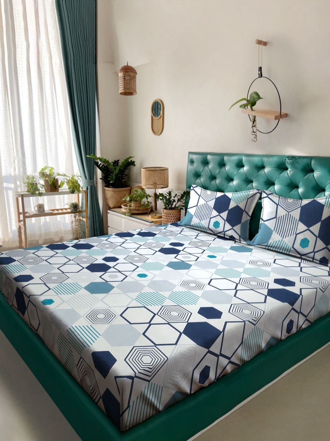 Myntra Elegant Homes White & Navy Blue Printed 300 TC King Bedsheet Set 2.50 m x 2.20m Myntra sale