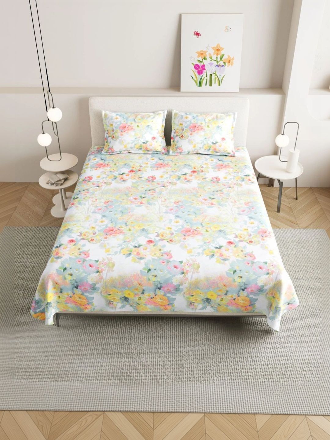 DREAM WEAVERZ White Floral 220 TC Bedsheet with 2 Pillow Covers Myntra sale
