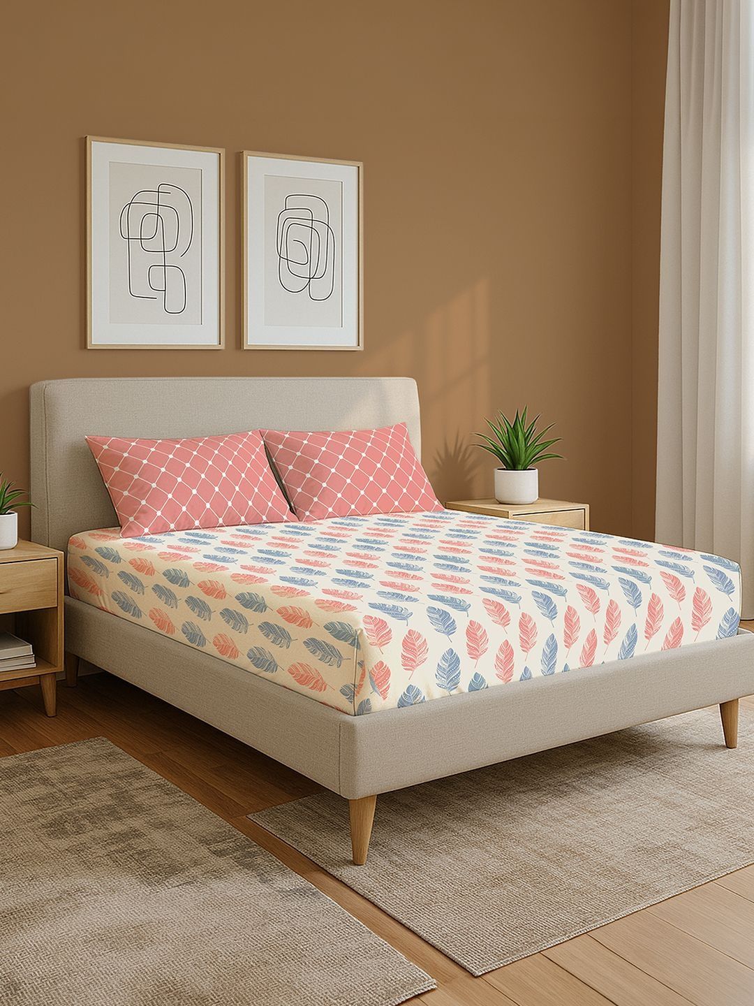 URBAN SPACE Peach Floral 144 Tc Queen Bedsheet With 2 Pillow Covers ( 88 inch x 100 inch) Myntra sale