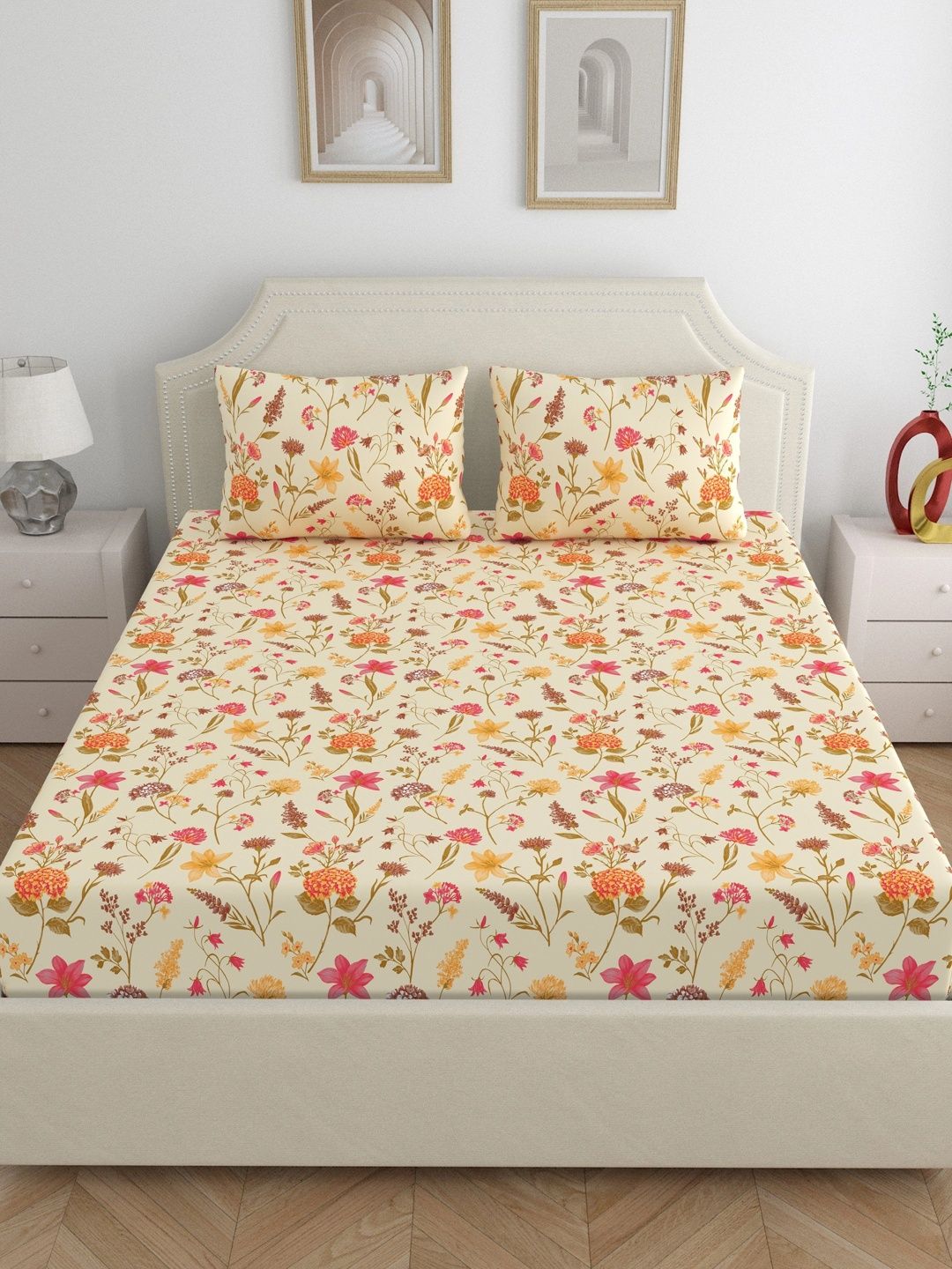 Home Ecstasy Beige & Red Floral 140 TC Bedsheet with 2 Pillow Covers Myntra sale