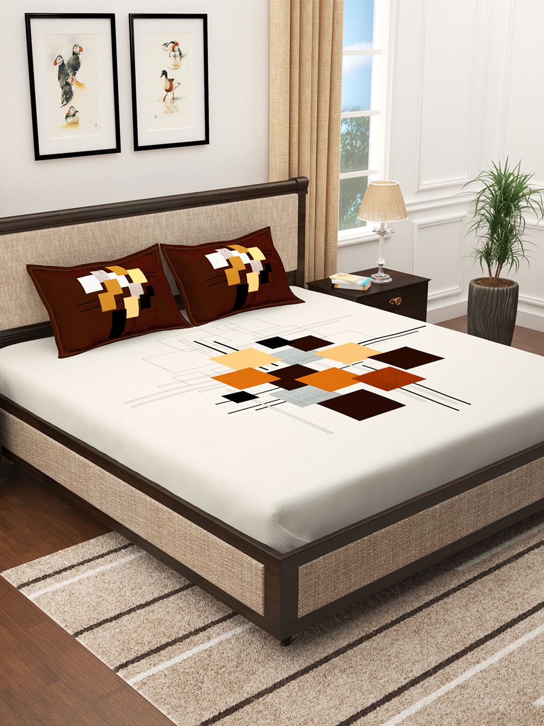 Story@home Cream Brown Abstract Cotton 300 TC King Bedsheet with Pillow Covers -106x106 In Myntra sale