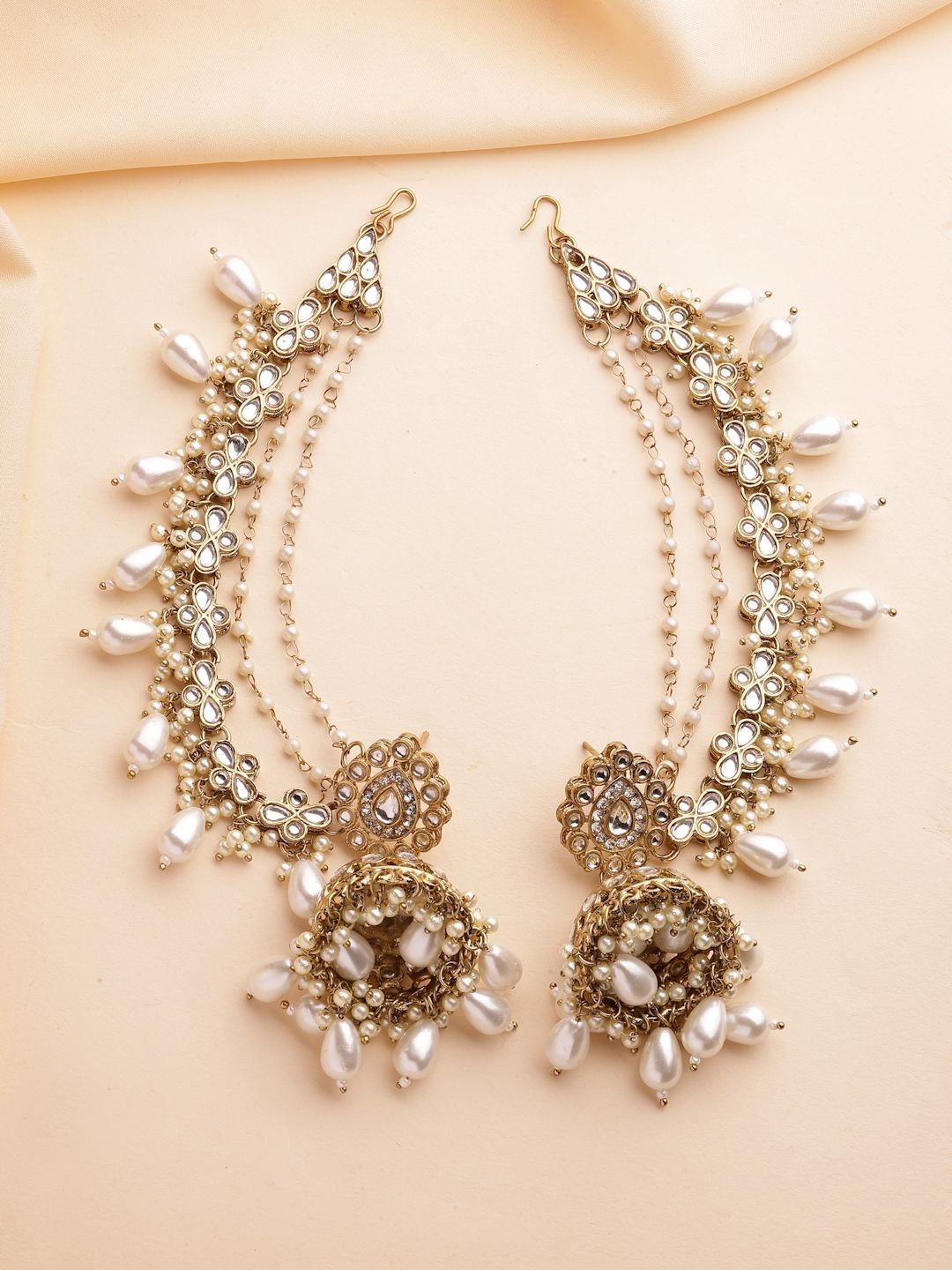 ZENEME Gold Plated Kundan And Pearls Beaded Jhumkas With Ear Chain Myntra sale