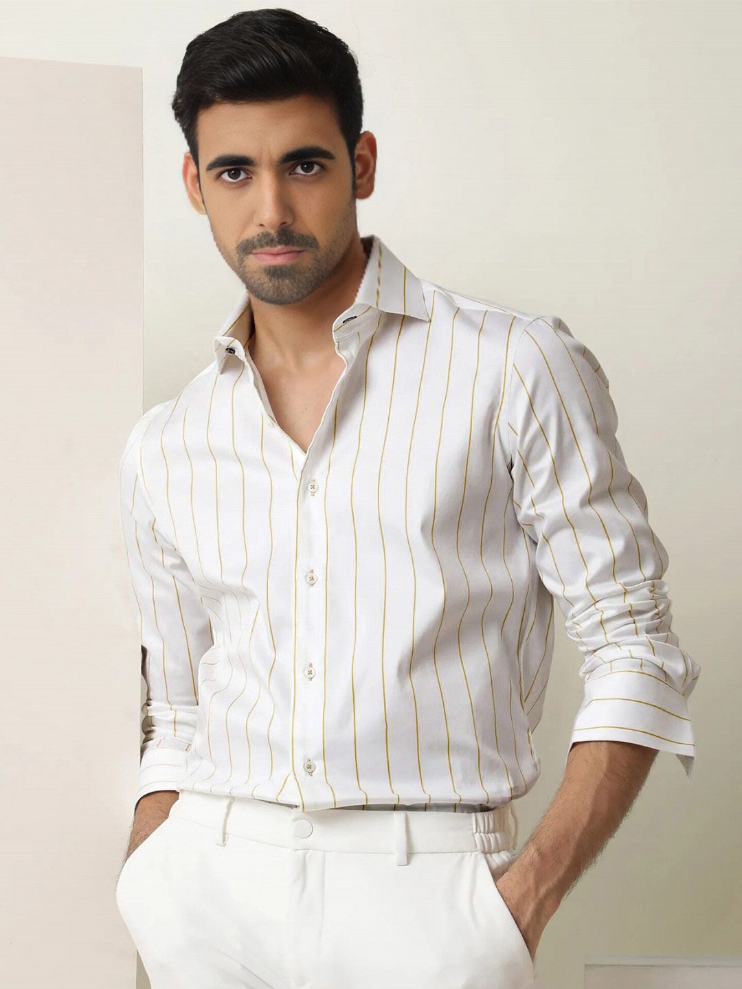 MISCHIEF MONKEY Classic Striped Cotton Spread Collar Curved Formal Shirt Myntra sale
