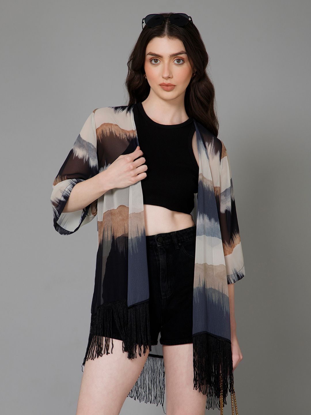 PURYS Abstract Printed Tasselled Shrug Myntra sale