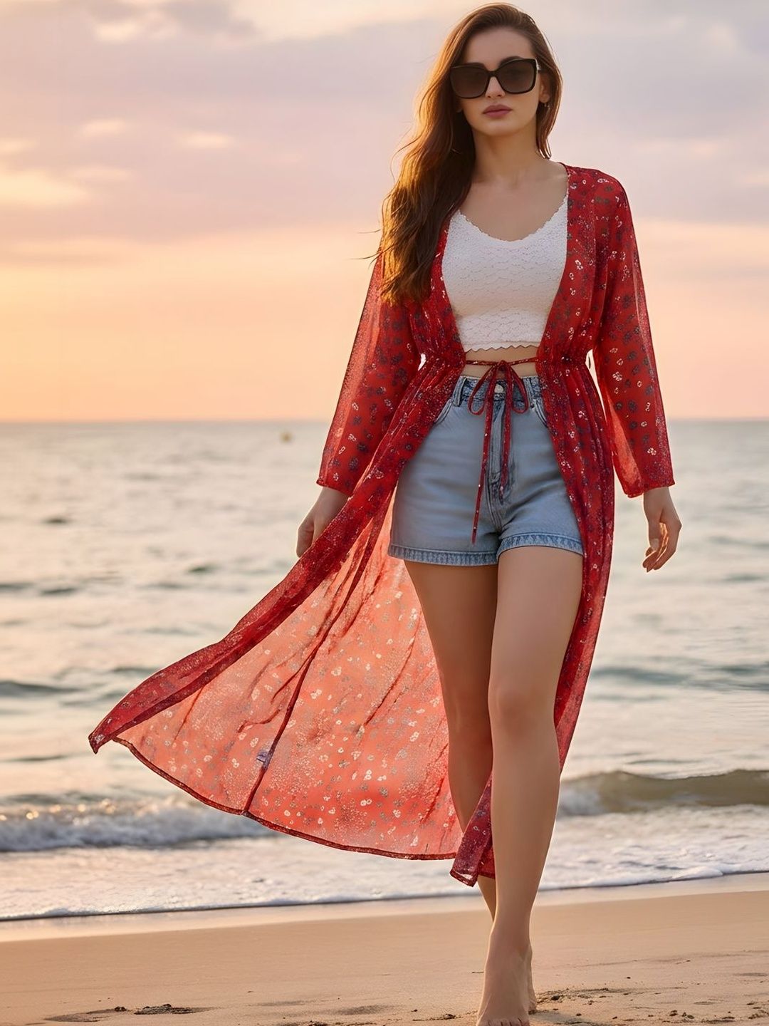 Sera Women Printed Longline Tie-Up Shrug Myntra sale