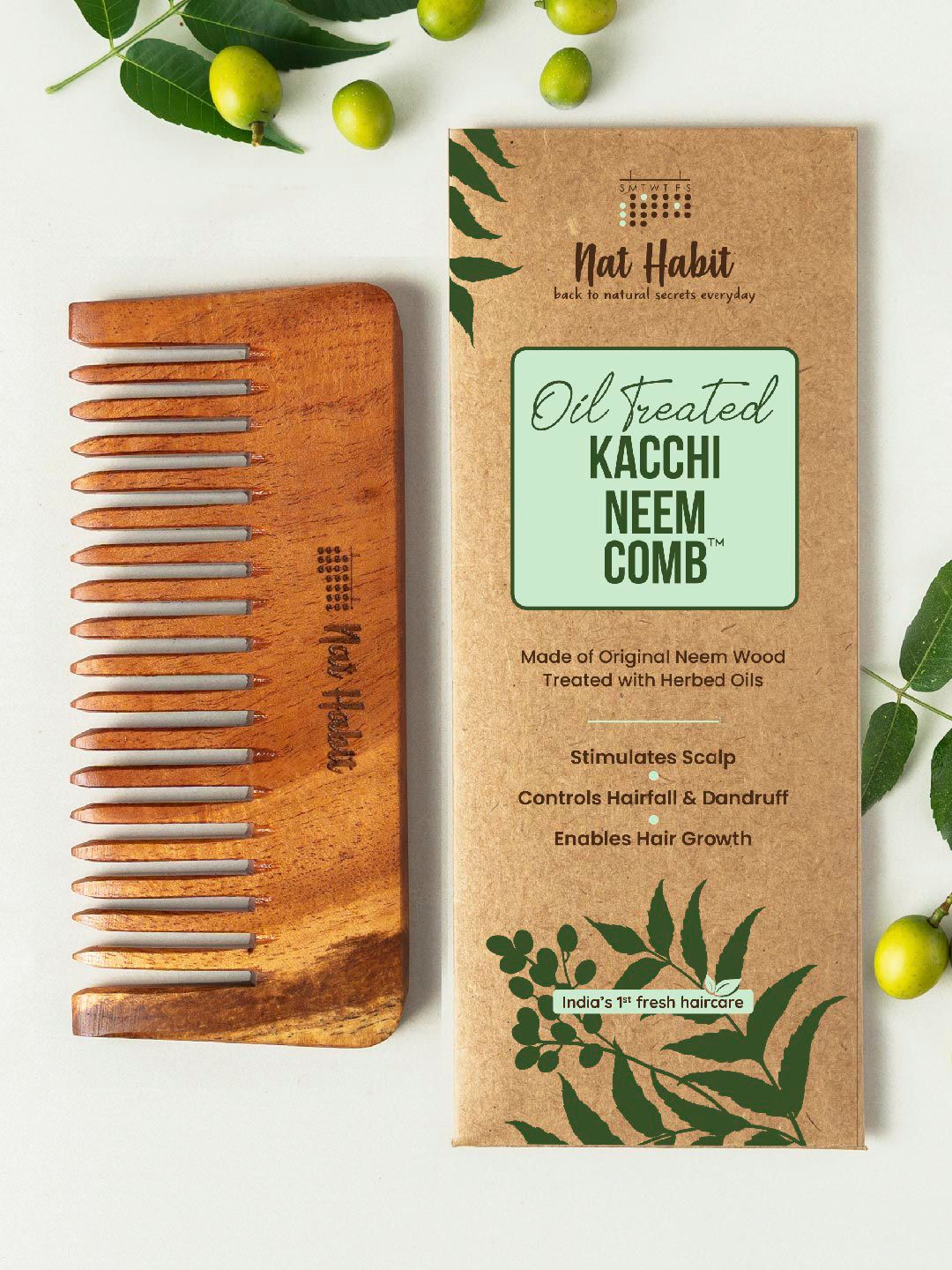 Nat Habit Kacchi Neem Wide Wooden Tooth Comb - Soaked in 17 Herbs & Oils for Hair Growth Myntra sale