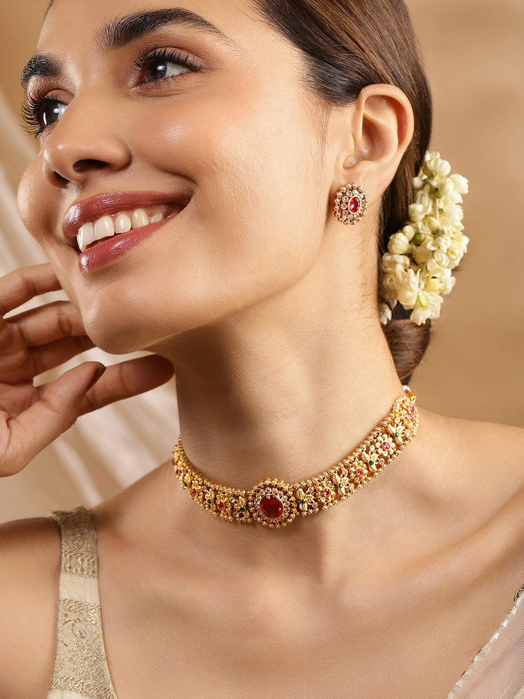 Rubans 24K Gold Plated Ruby,Emerald & White Cubic Zirconia Stone Floral Choker Jewelry Set Myntra sale