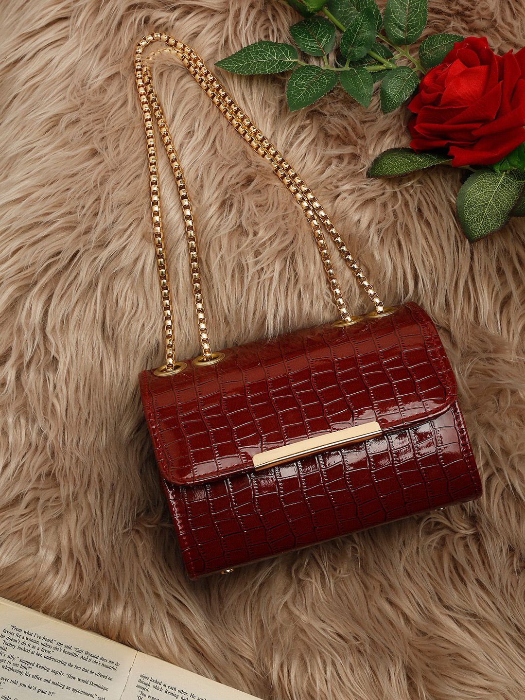 DressBerry DressBerry Maroon Croco Textured Clutches Myntra sale