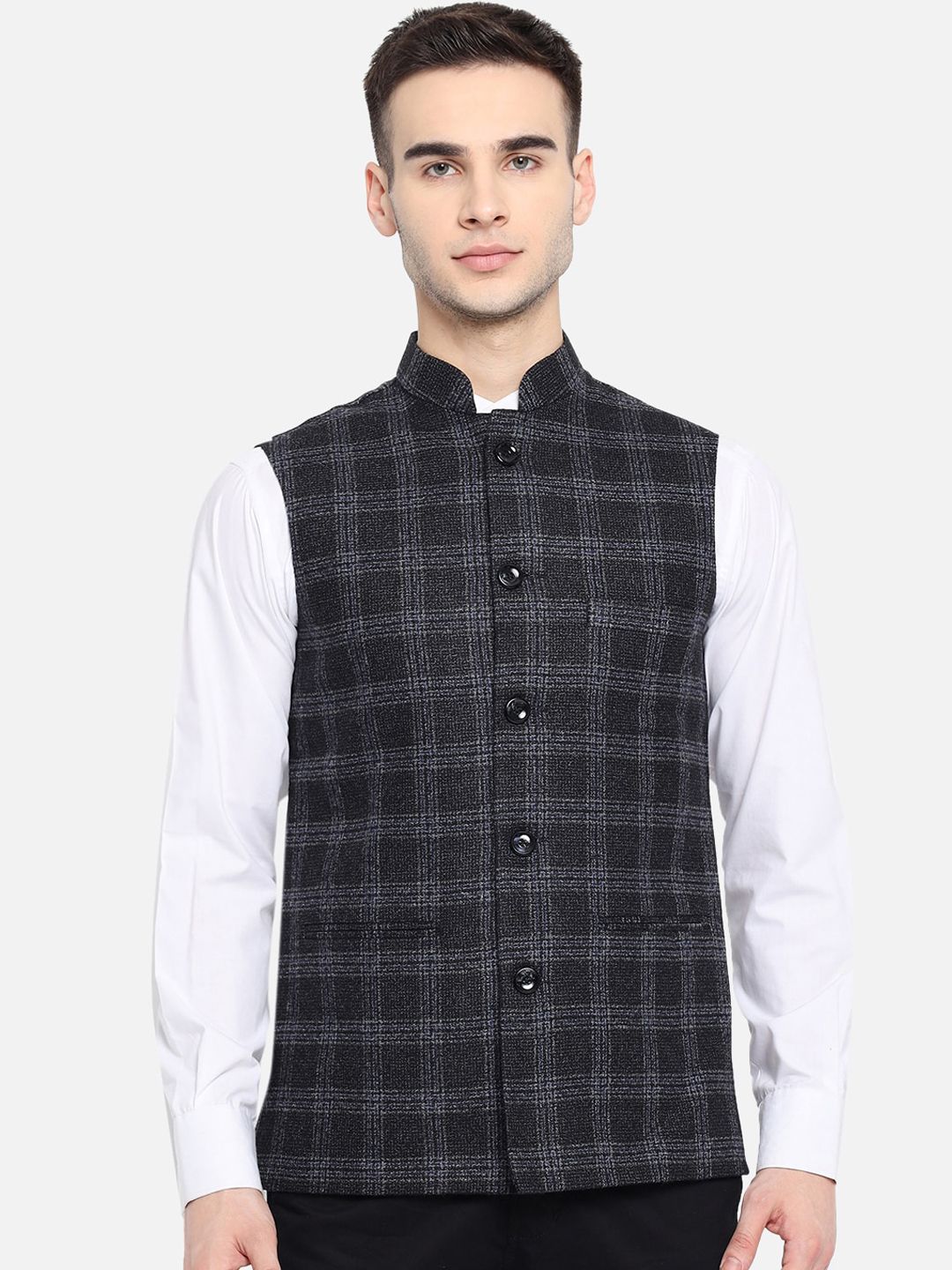 Vastraa Fusion Vastraa Fusion Men Black & Grey Checked Woven Nehru Jacket Myntra sale