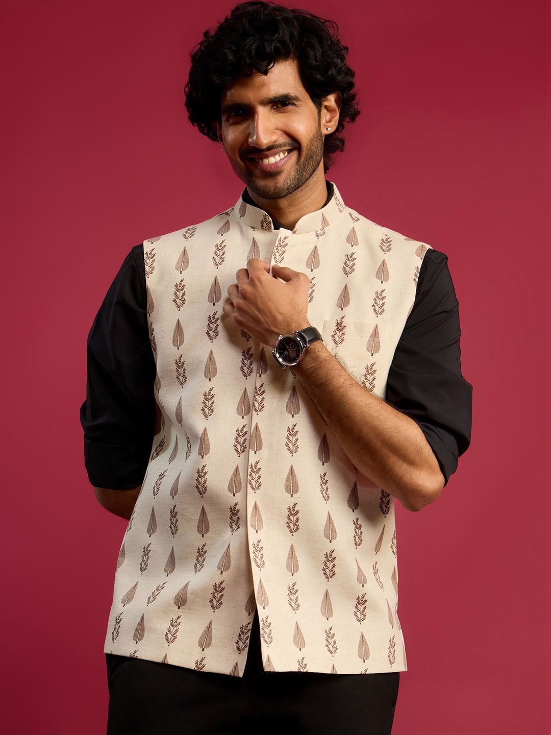 VASTRAMAY VASTRAMAY Men Cream Block Printed Cotton Nehru Jacket Myntra sale