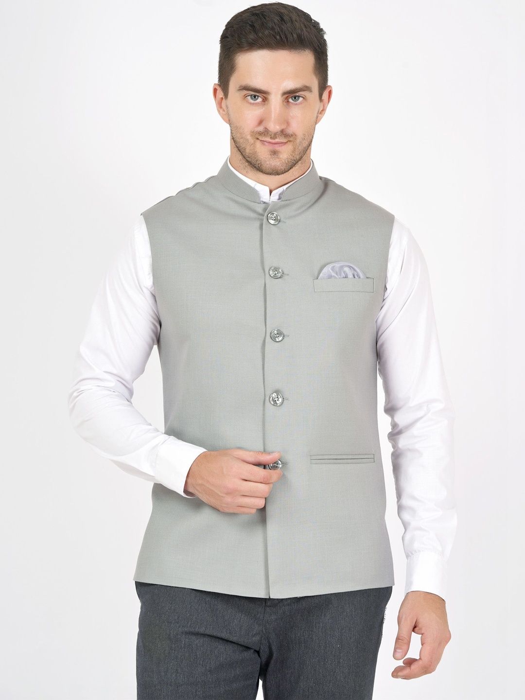 Badoliya & Sons Badoliya & Sons Cotton Linen Woven Nehru Jacket With Pocket Square Myntra sale