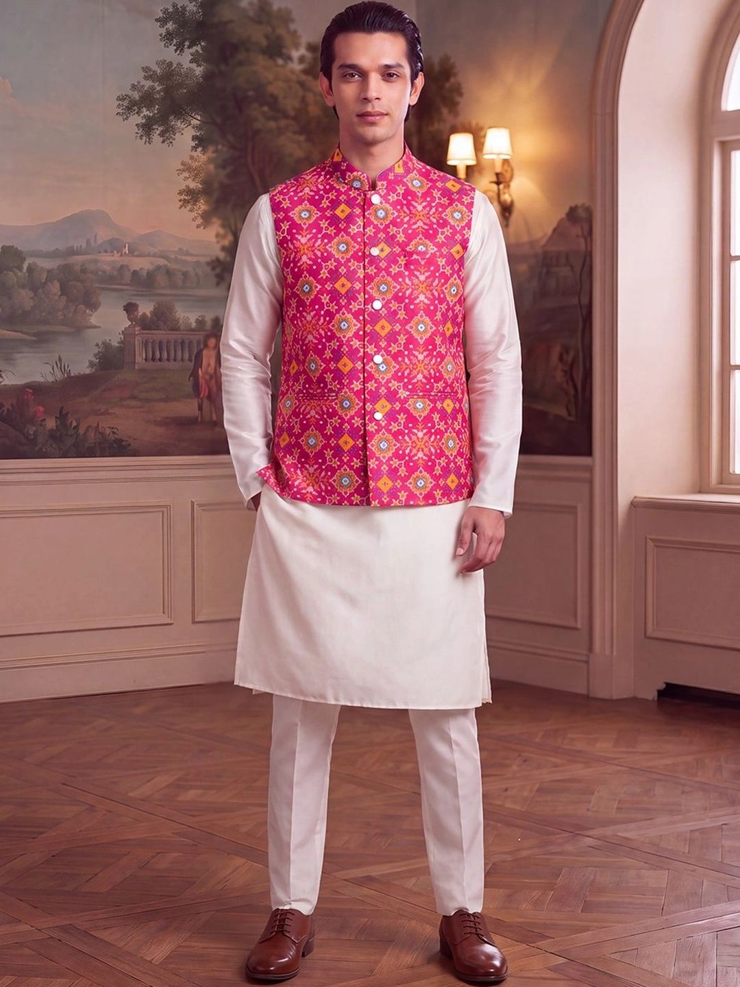 House of Pataudi House of Pataudi Patola Printed Mandarin Collar Koti Myntra sale