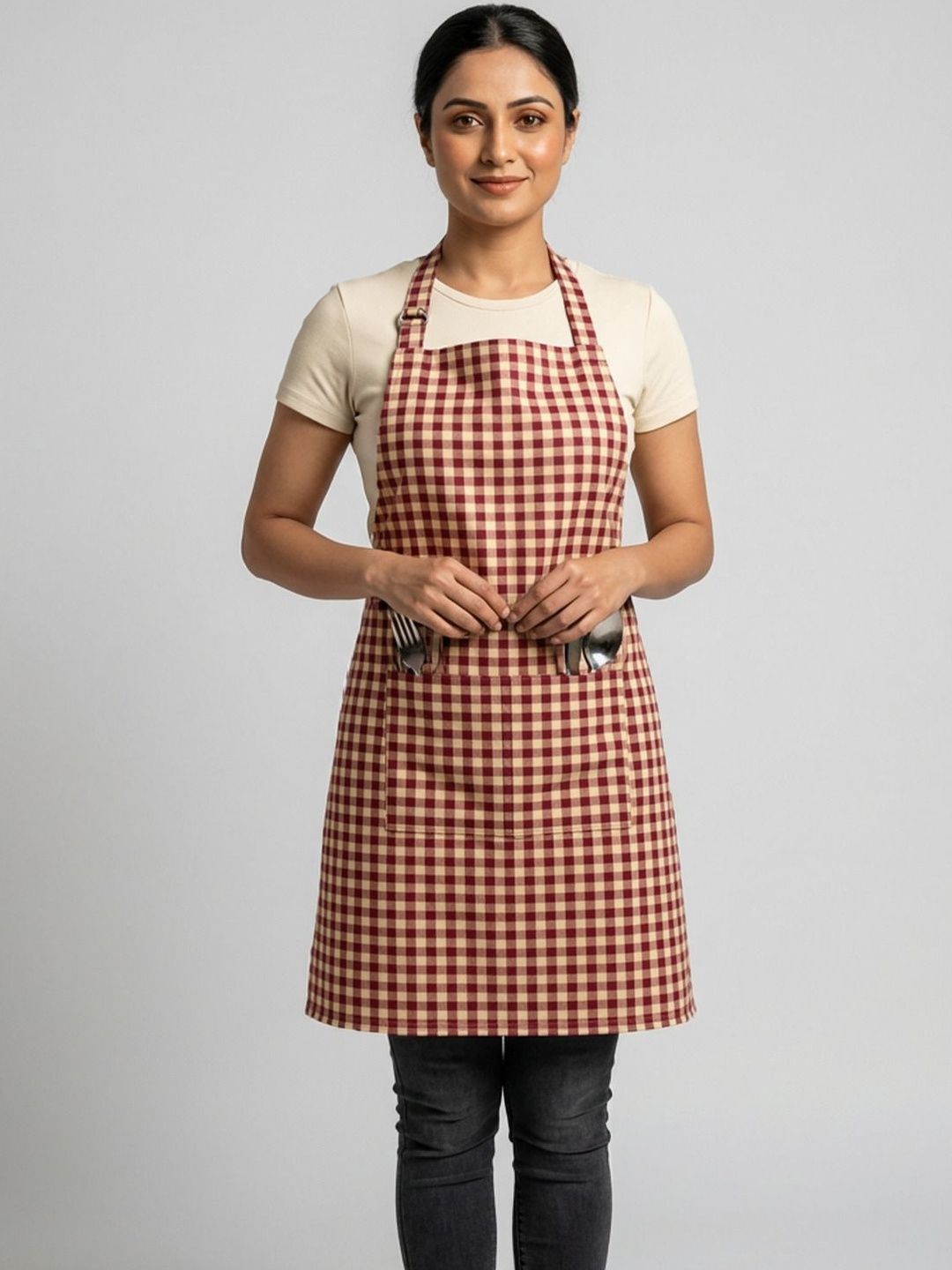 ZENSHA DECOR ZENSHA DECOR Maroon Checked Cotton Aprons Myntra sale