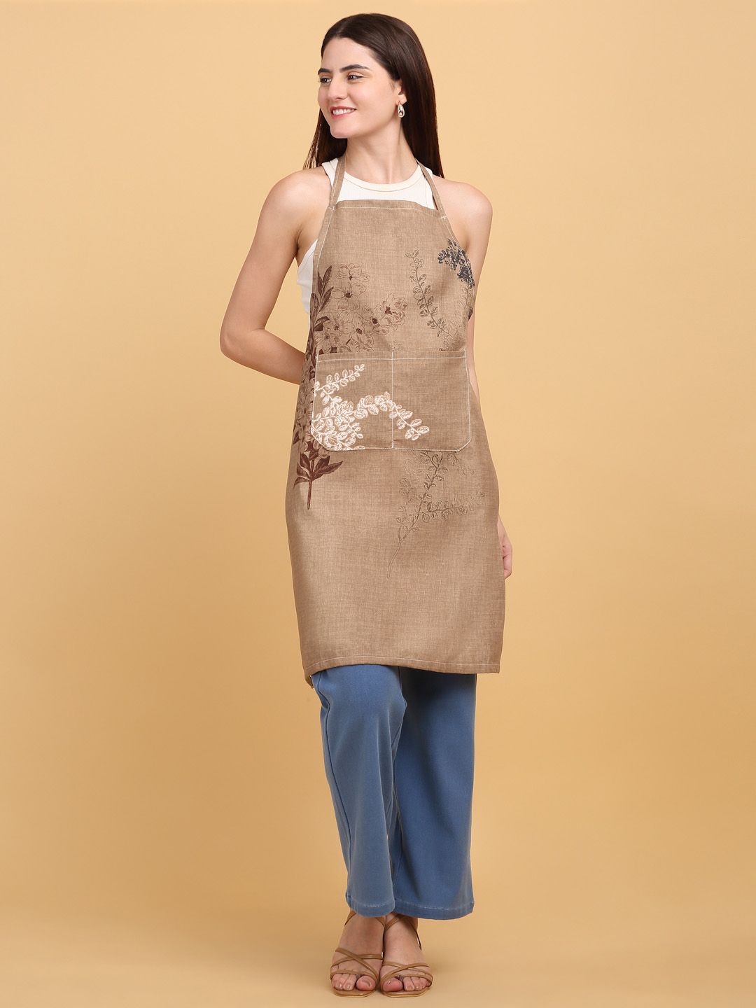 Arrabi Arrabi Brown Leaf Printed Cotton Aprons With Pockets Myntra sale