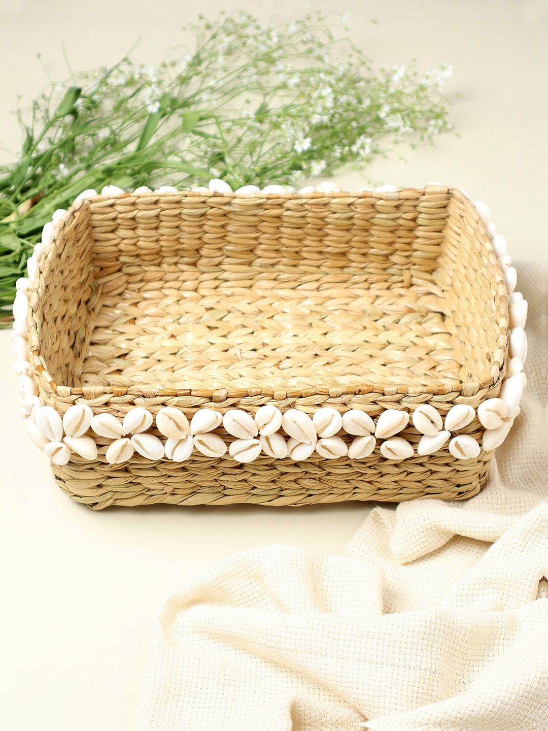 HABERE INDIA Beige & White Seagrass Storage Basket Myntra sale