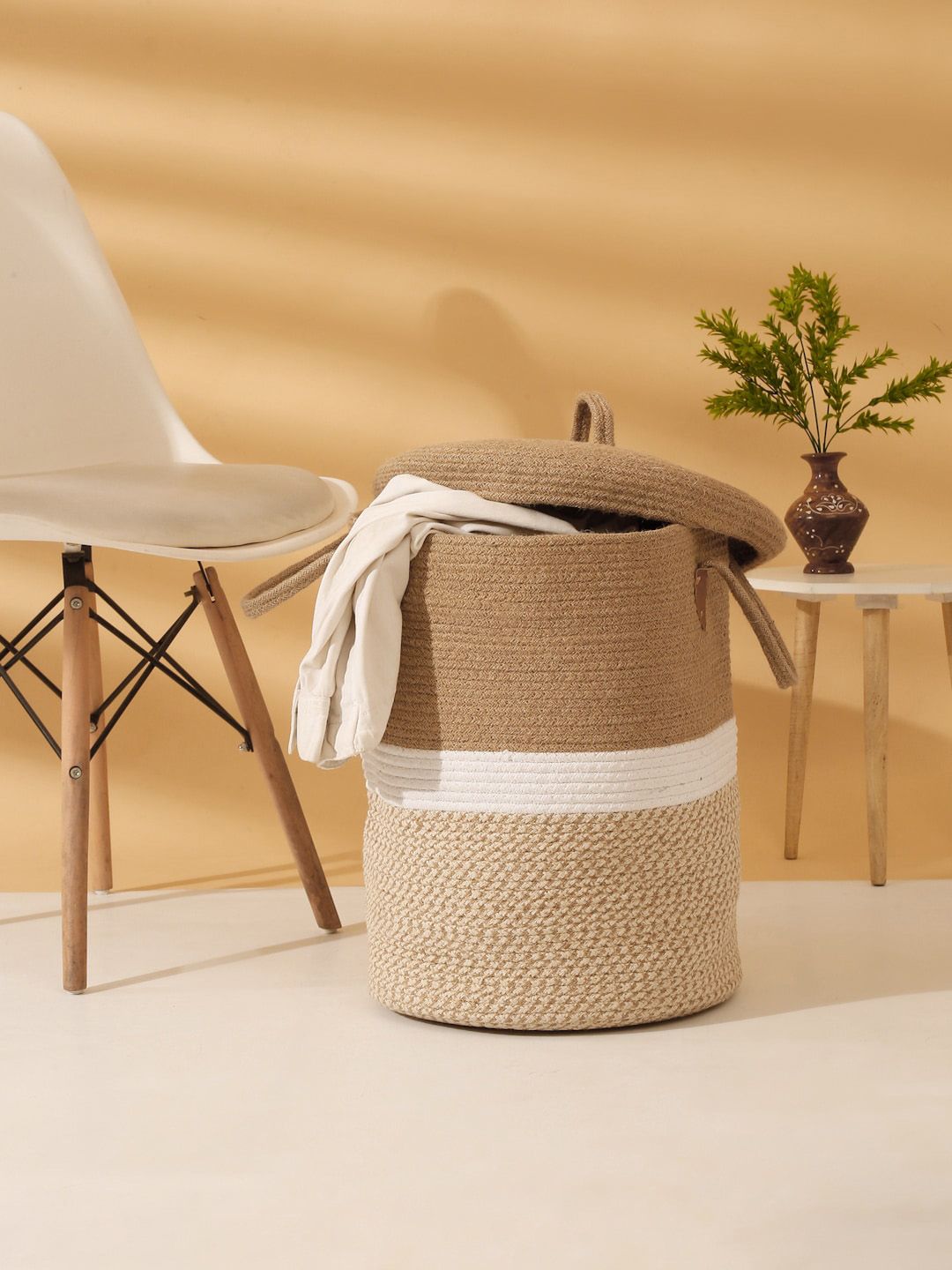 HOSTA HOMES Brown & Beige Woven Design Laundry Bag With Cover Myntra sale