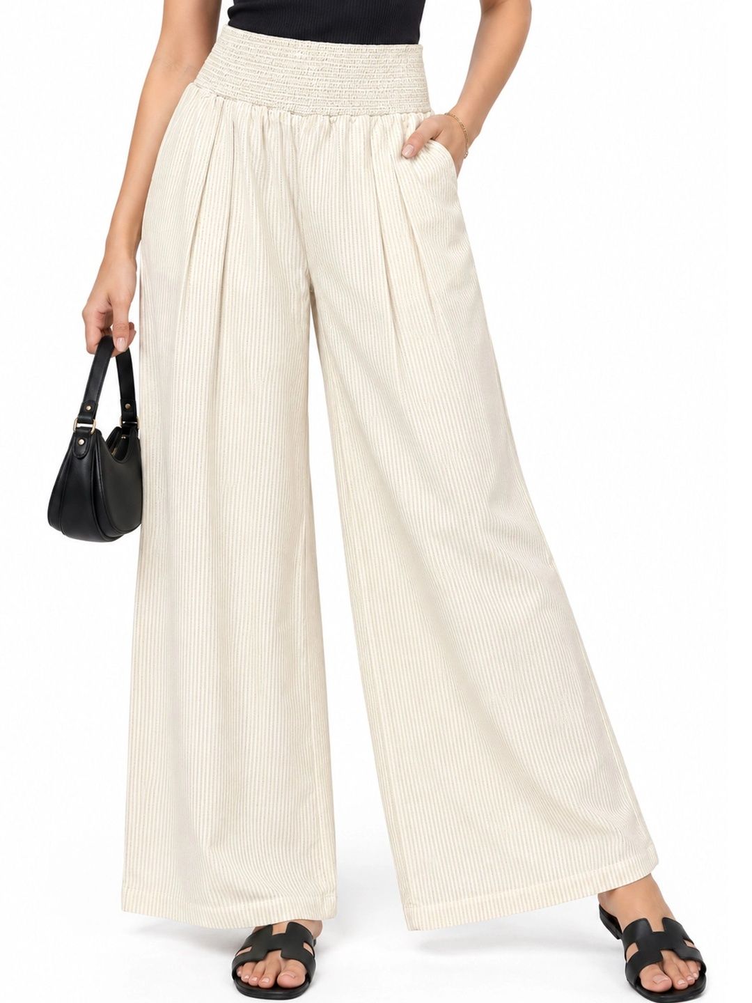 Tikhi Imli Women Ivory Pure Cotton Smocking pants Relaxed Fit Myntra sale