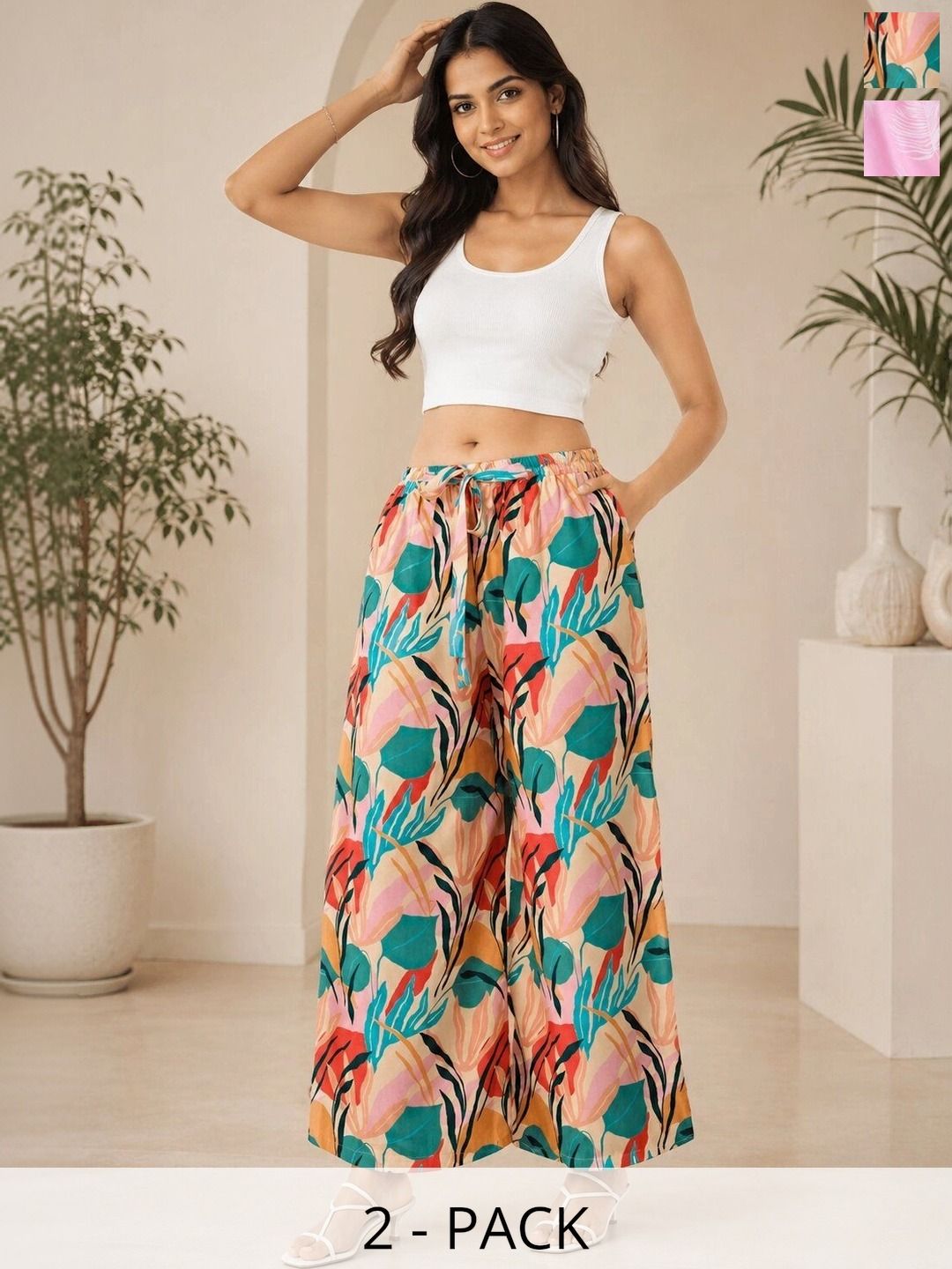 MOLIKONIC Women Pack of 2 Floral Printed Chambray Palazzos Myntra sale