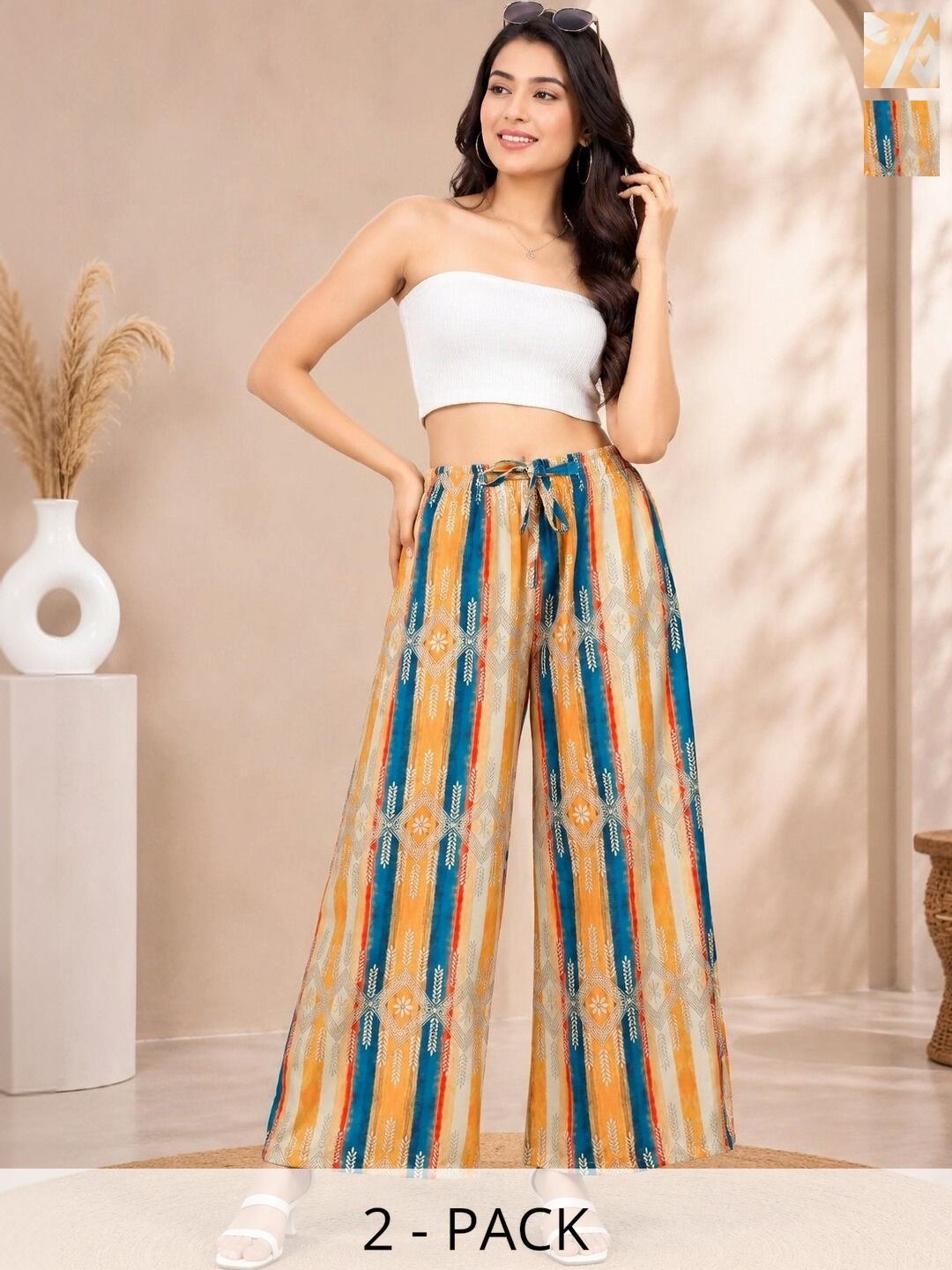 MOLIKONIC Women 2 Printed Chambray Palazzos Myntra sale