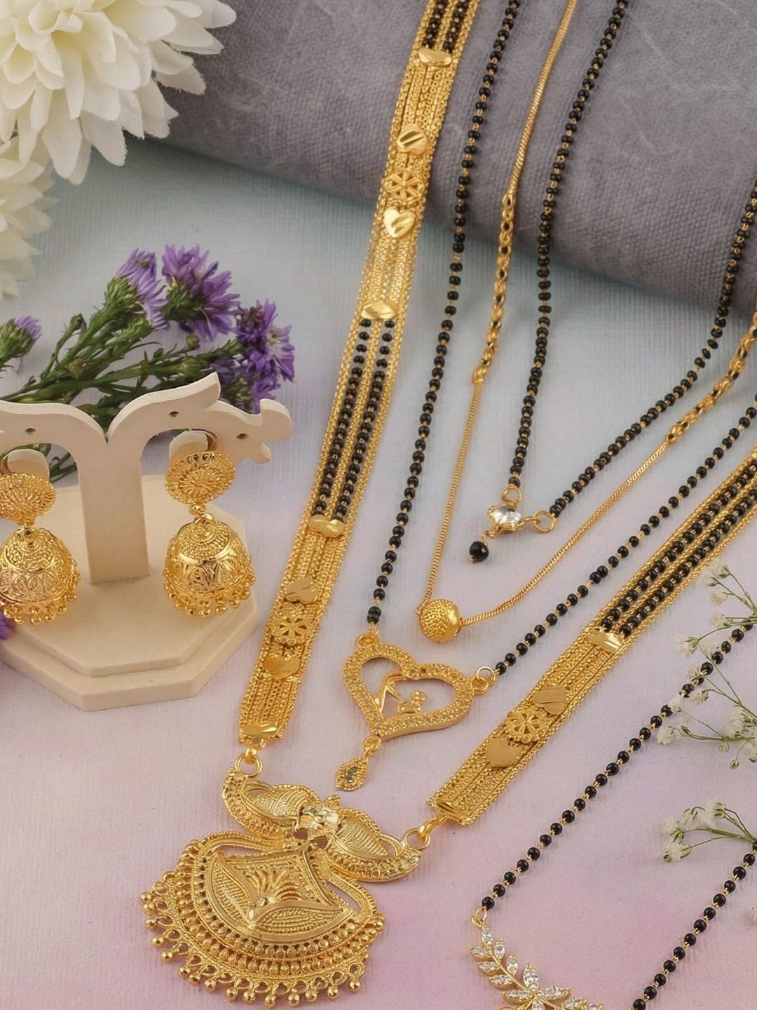 Sangria Set Of 5 American Diamond Stone Studded & Beaded Mangalsutra Myntra sale