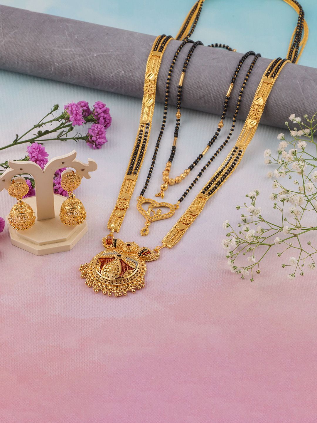 Anouk Set Of 3 Gold-Plated Beaded Mangalsutra With Earrings Myntra sale