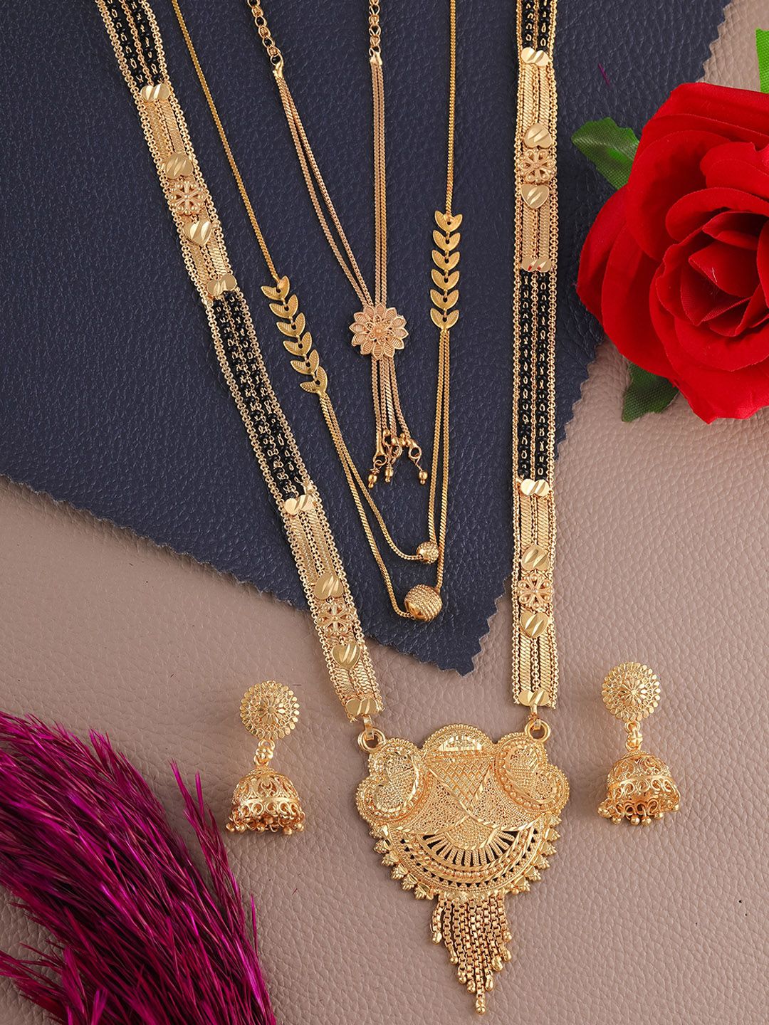Anouk Set Of 3 Gold-Plated Artificial Stones Studded & Beaded Mangalsutra With Earrings Myntra sale