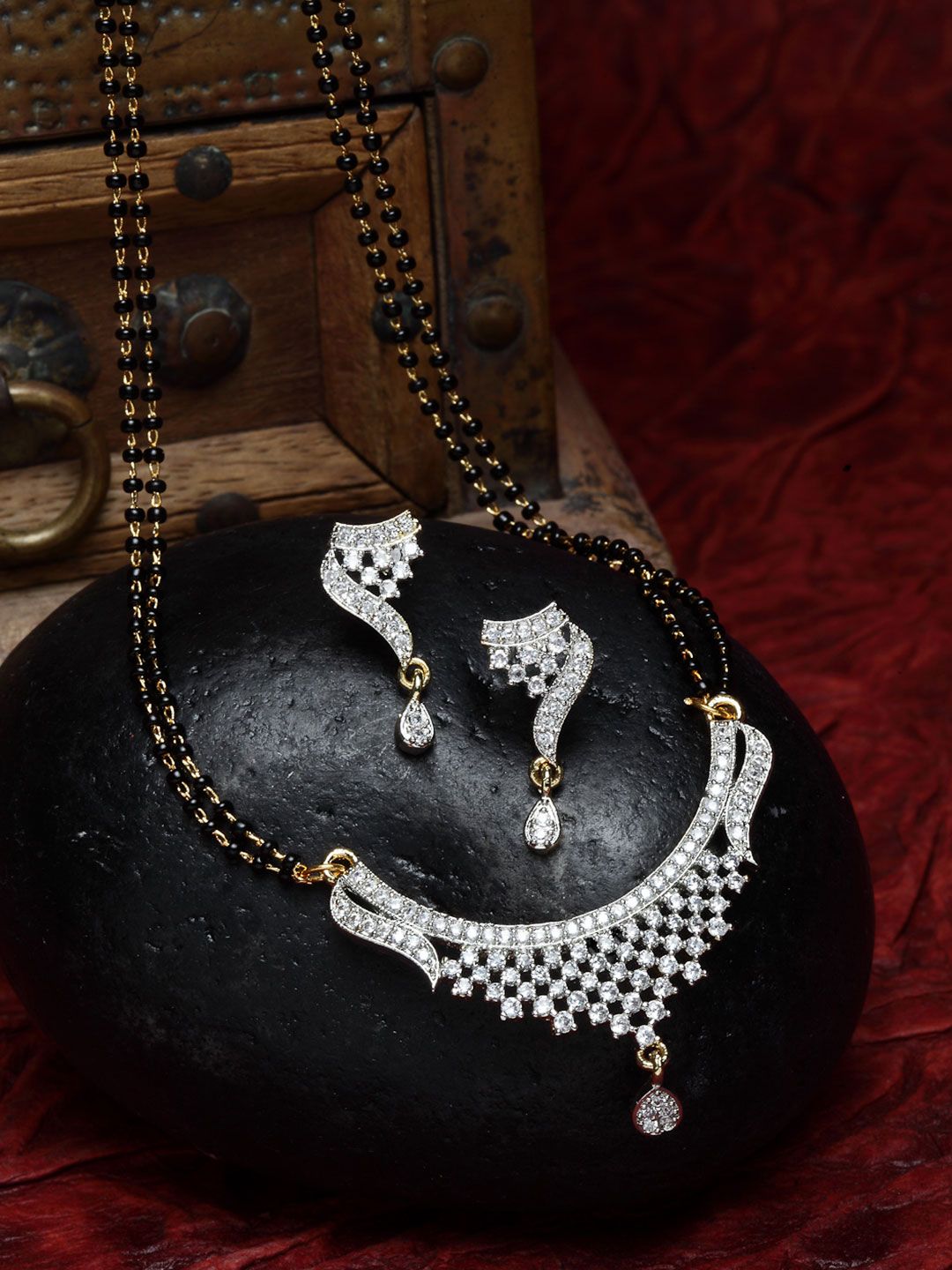 ZENEME Gold-Plated White & Black Stone-Studded & Beaded Designer Mangalsutra Set Myntra sale