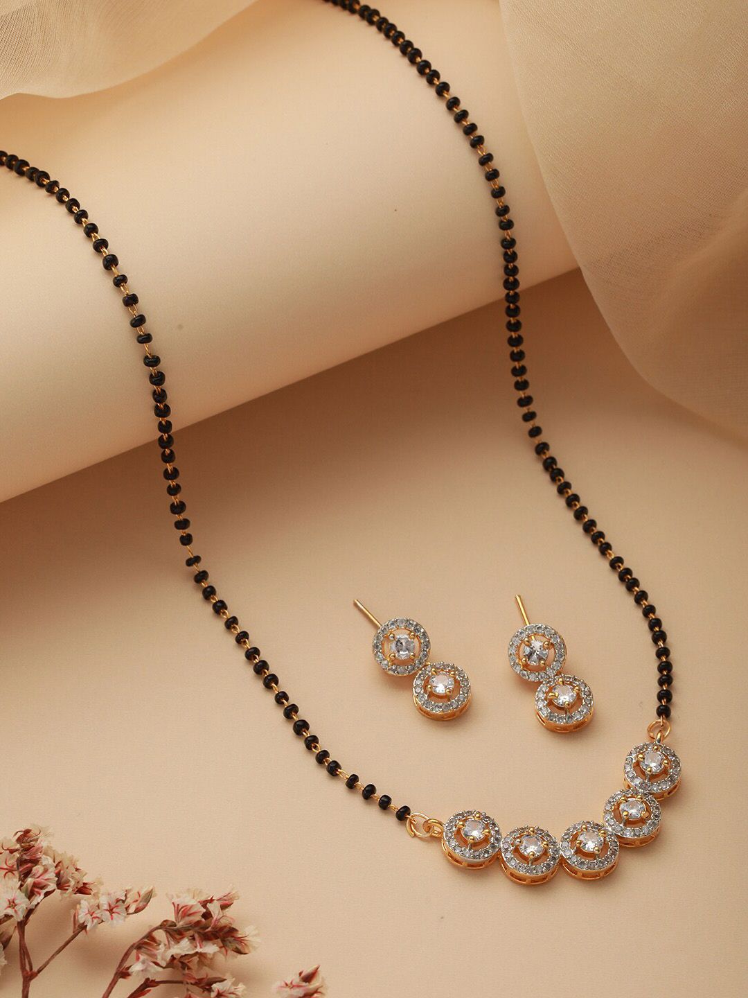 Jazz and Sizzle Gold-Plated Stone-Studded Beaded Mangalsutra With Earrings Myntra sale