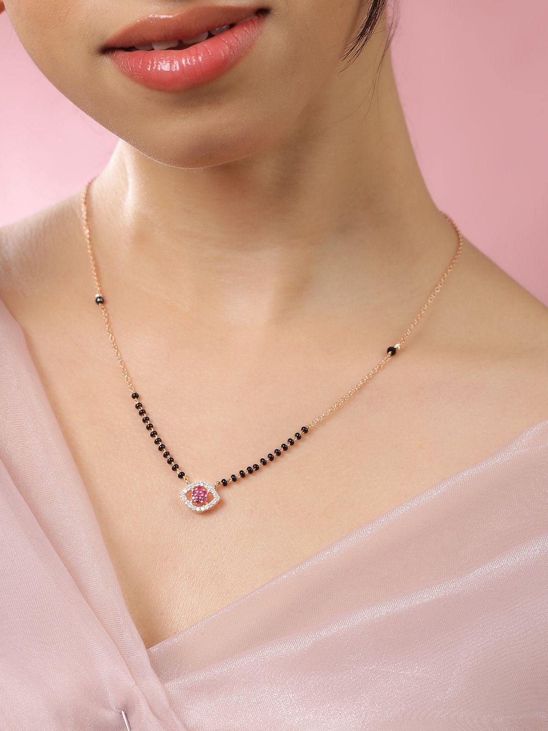 Rubans 18K Gold-Plated Ruby Pink & Cubic Zirconia Studded Black Beaded Mangalsutra Chain Myntra sale