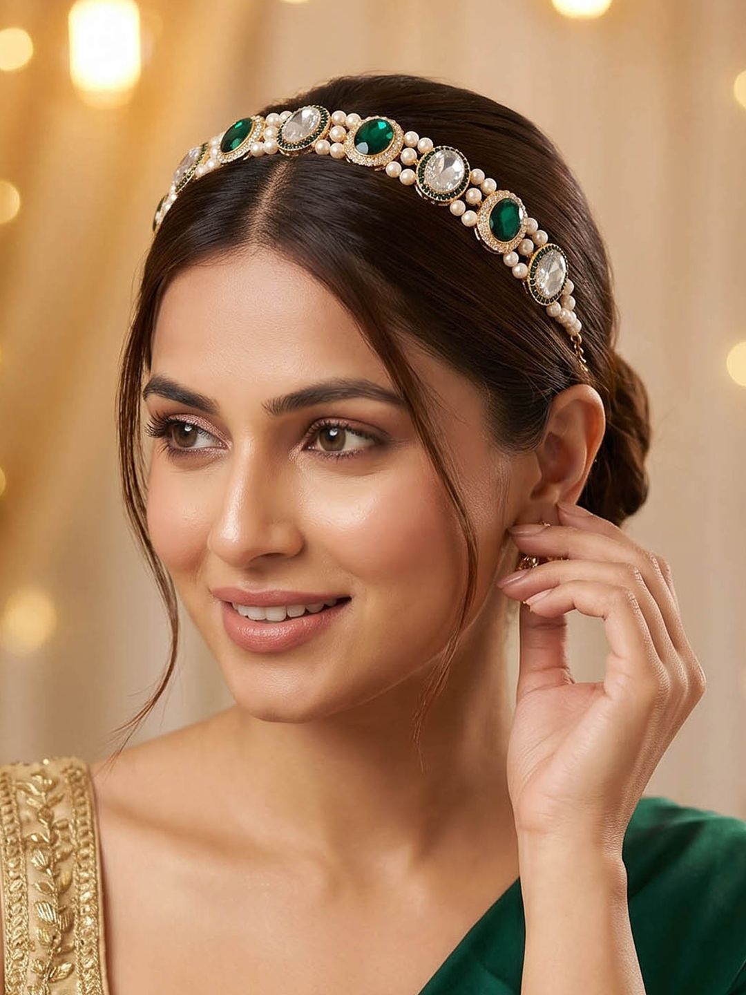 Hair Drama Co. Women Gold-Plated Green Crystals & Pearls Embellished Mathapatti Myntra sale