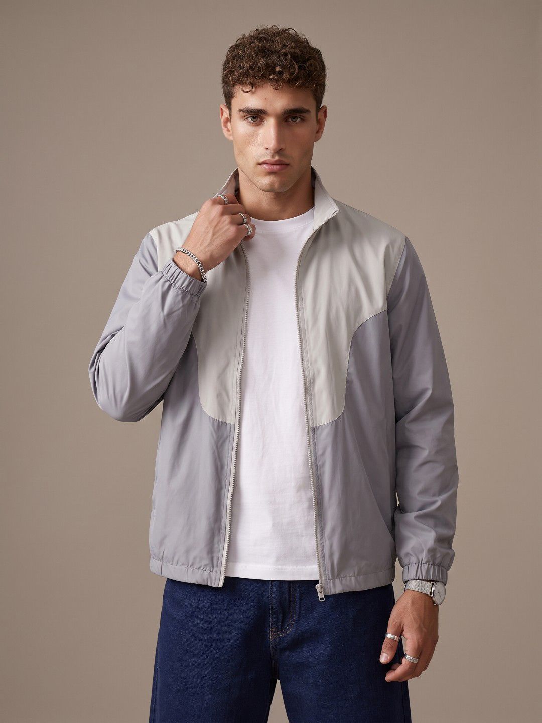 glitchez Relaxed Fit Mock Collar Colourblocked Windcheater Tailored Jacket Myntra sale
