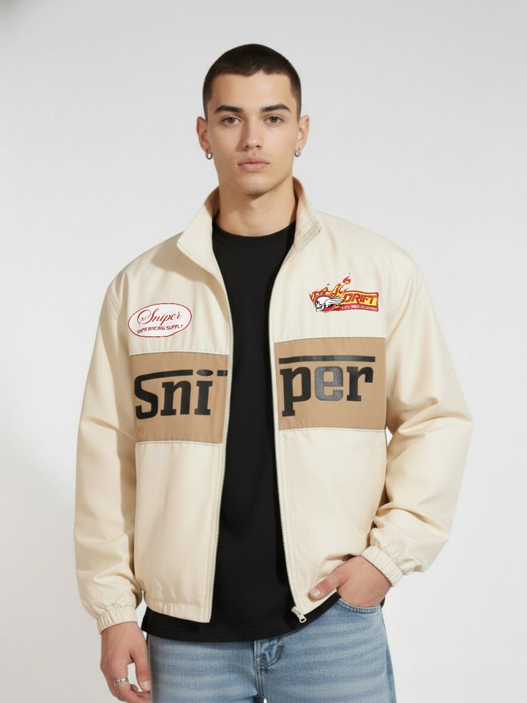 glitchez Typography Printed Mock Collar Pure Cotton Racer Revival Windcheater Bomber Myntra sale