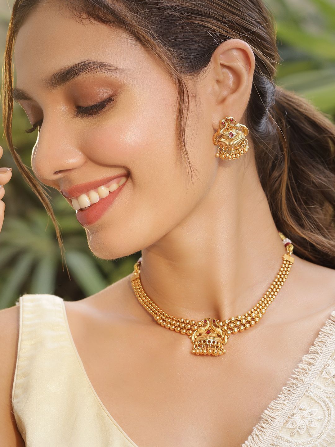 Rubans 22K Gold-Plated Red Stone with Gold Beaded Peacock Design Traditional Necklace Set Myntra sale