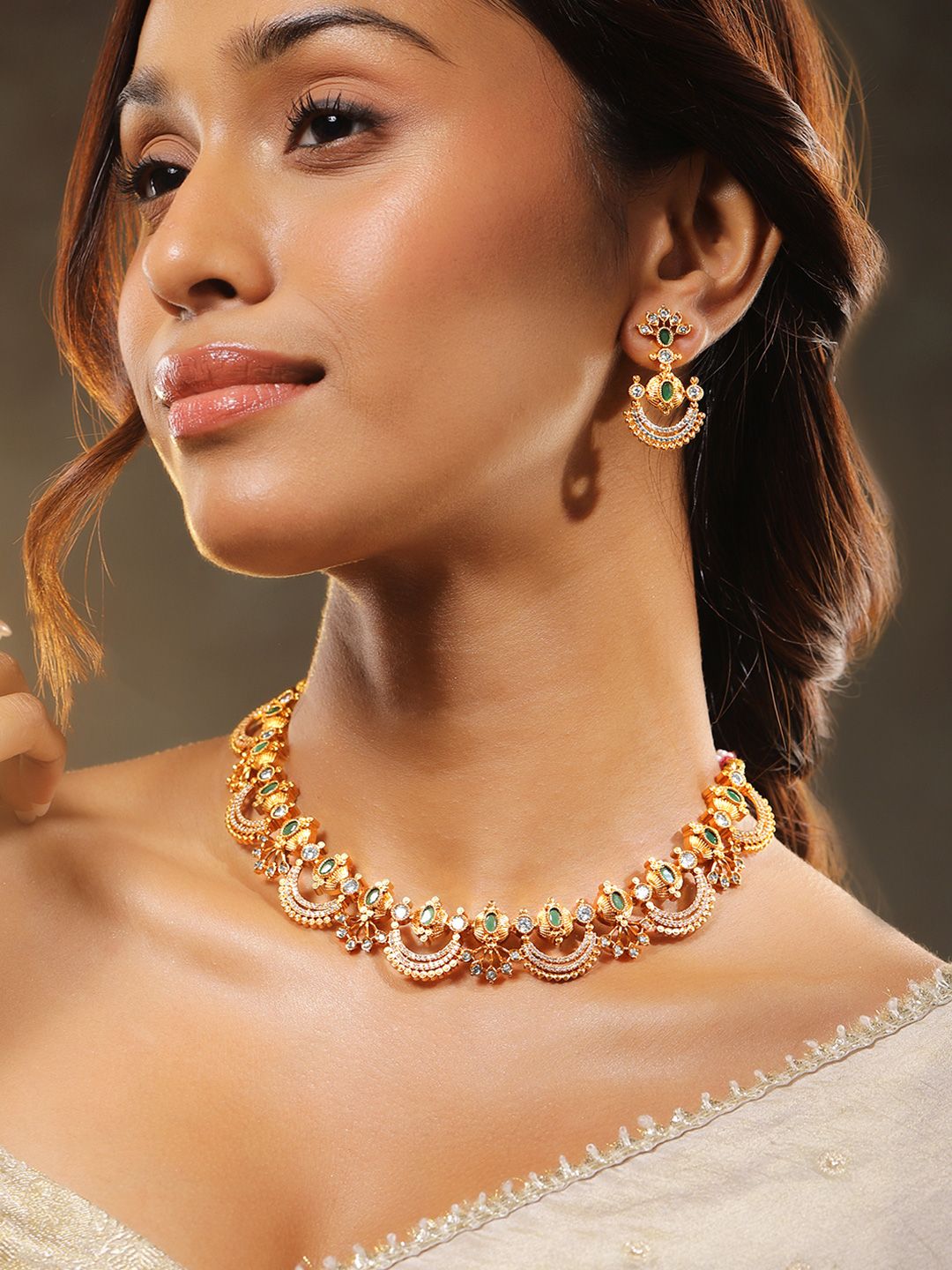 Rubans 24K Gold-Plated Emerald Green, White Cubic Zirconia & Pearl Beaded Jewellery Set Myntra sale