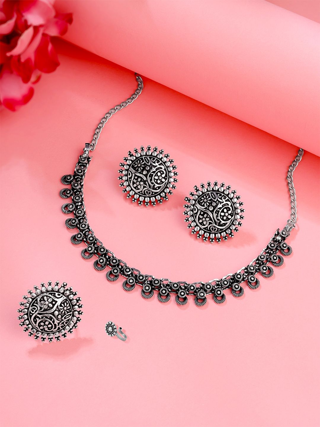 Yellow Chimes Oxidised Silver-Plated Ethnic Jewellery Set Myntra sale