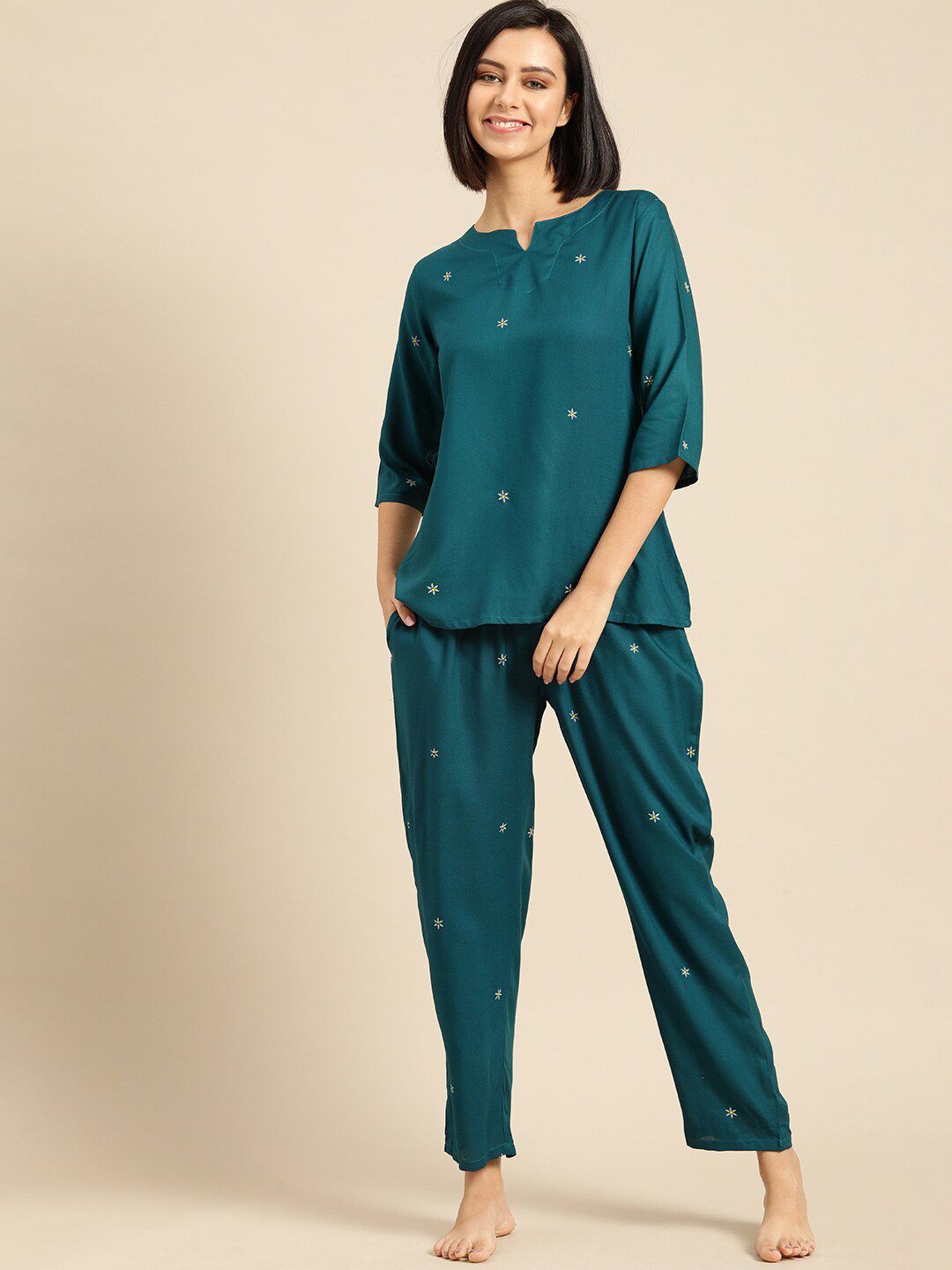 Ichaa Floral Printed Notched Neck Top With Pyjamas Myntra sale
