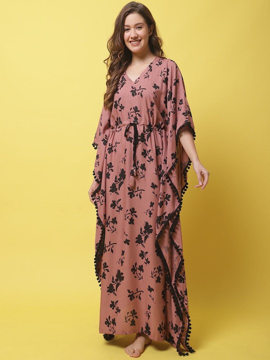 Claura Women Rust Floral Printed Kaftan Nightdress Myntra sale