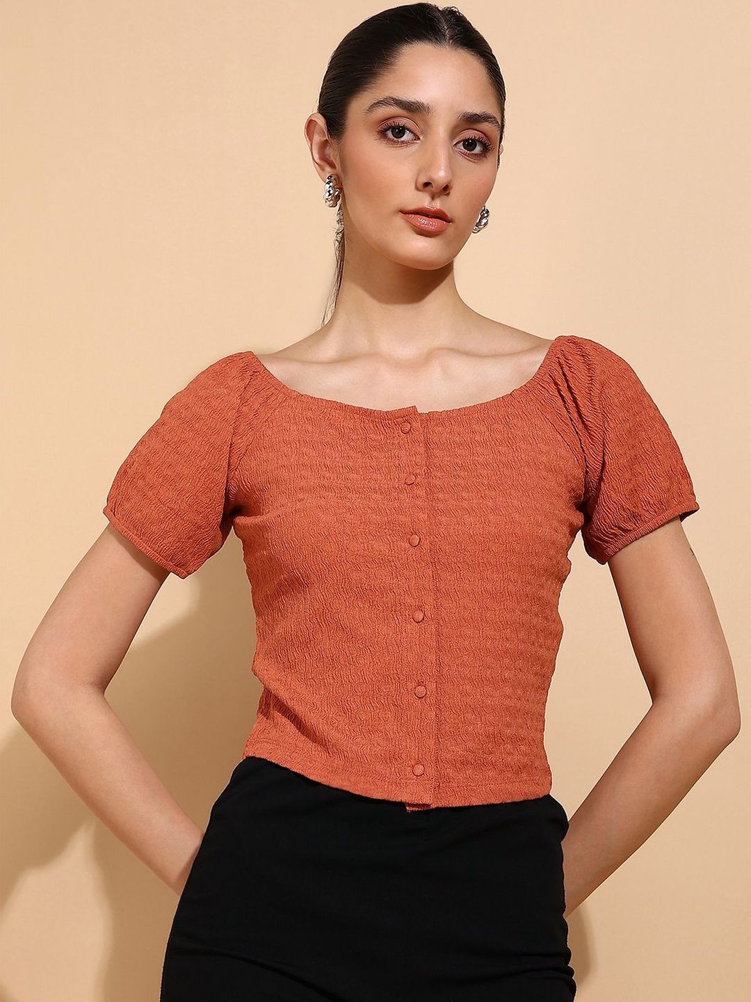 Mast & Harbour Mast & Harbour Round Neck Puff Sleeve Crop Top Myntra sale