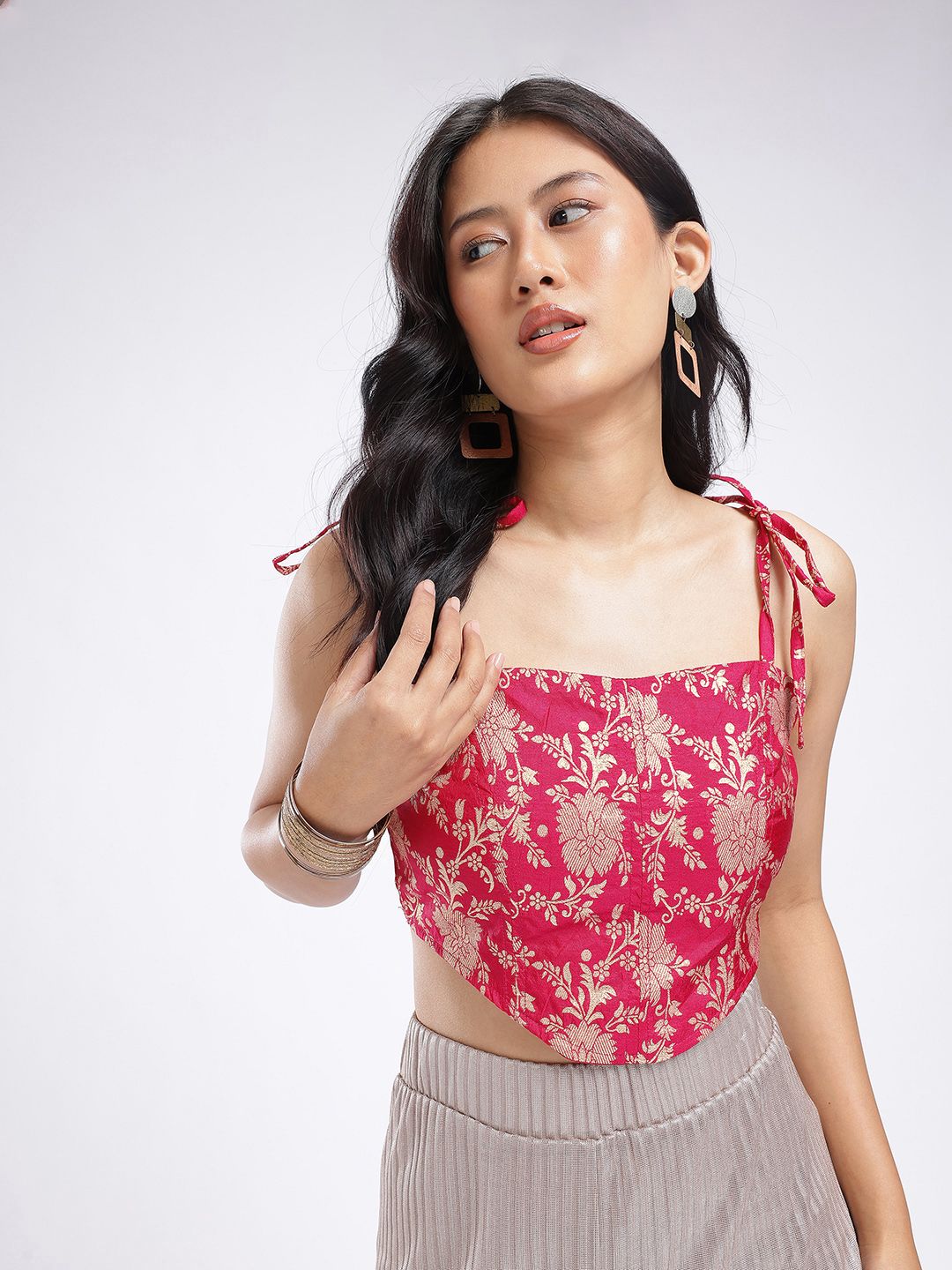 glitchez glitchez Floral Woven Design Shoulder Tie-Ups Corset Detail Fusion Crop Top Myntra sale