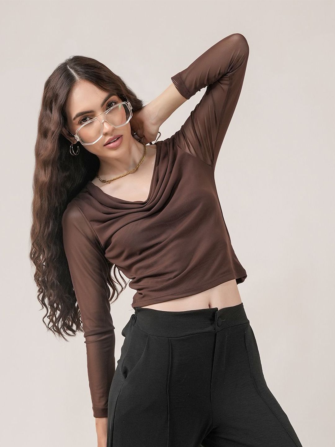 clobug clobug Women Cowl Neck Sheer Net Crop Top Myntra sale