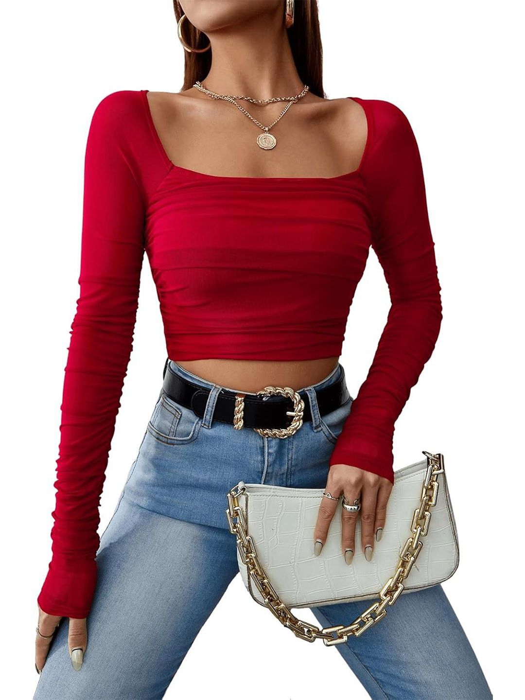 clobug clobug Square Neck Net Fitted Crop Top Myntra sale
