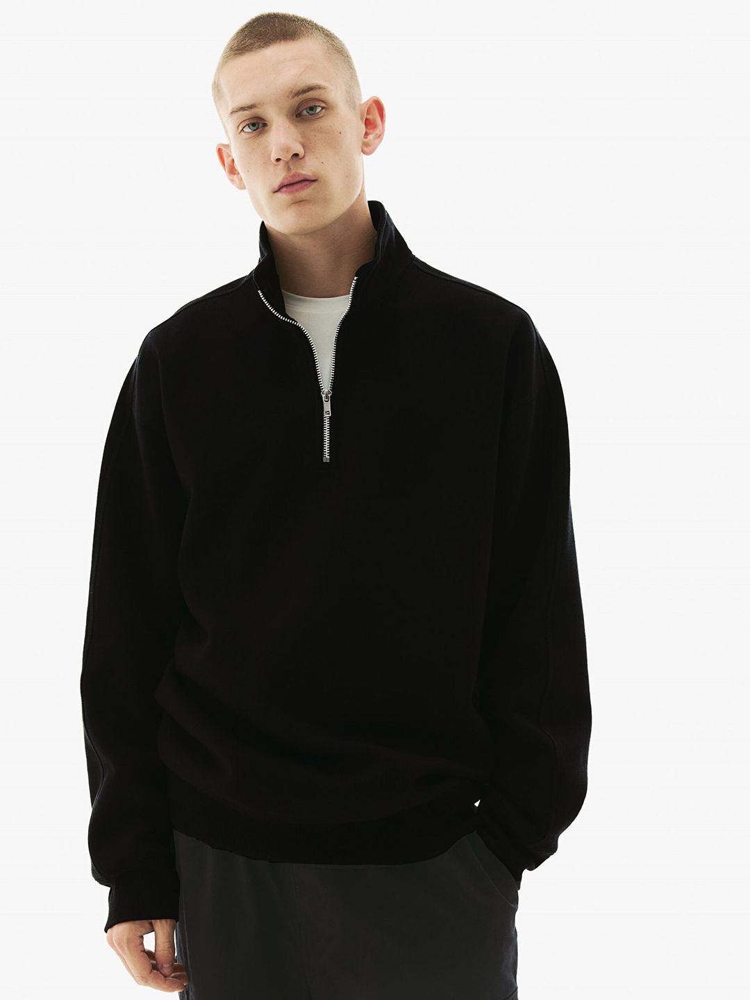 MISCHIEF MONKEY Mock Collar Ribbed Half Zipper Cotton Fleece Pullover Sweatshirt Myntra sale