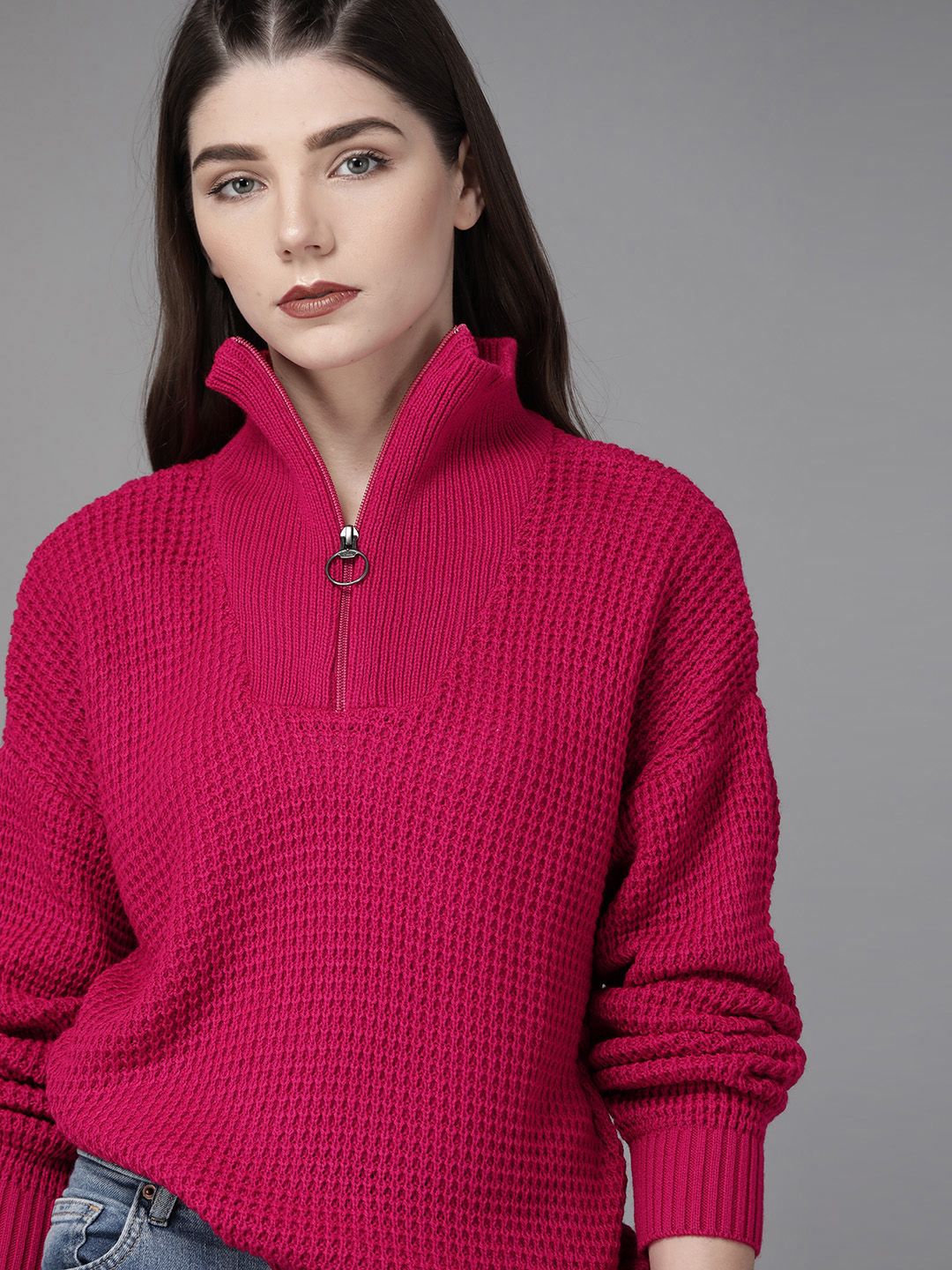 Roadster Women Pink Self Design Sweater Myntra sale